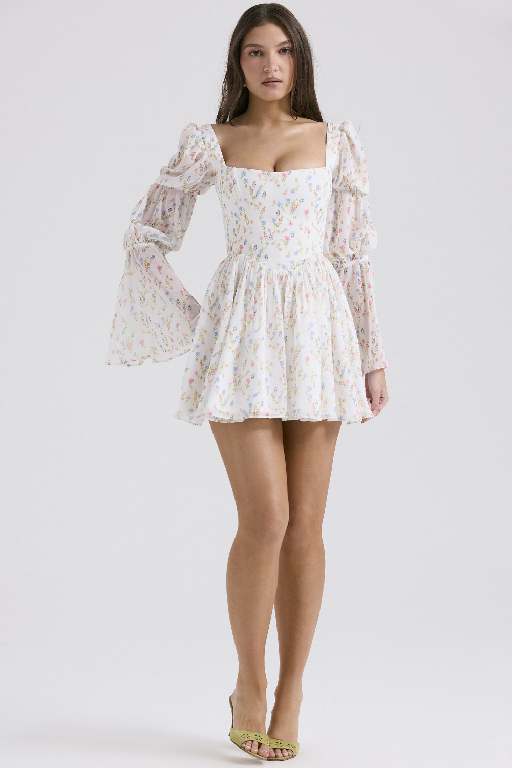 Sancia White Posy Print Puff Sleeve Mini Dress