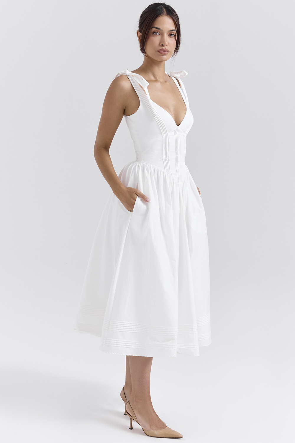 Hattie White Pin Tuck Cotton Midi Sundress