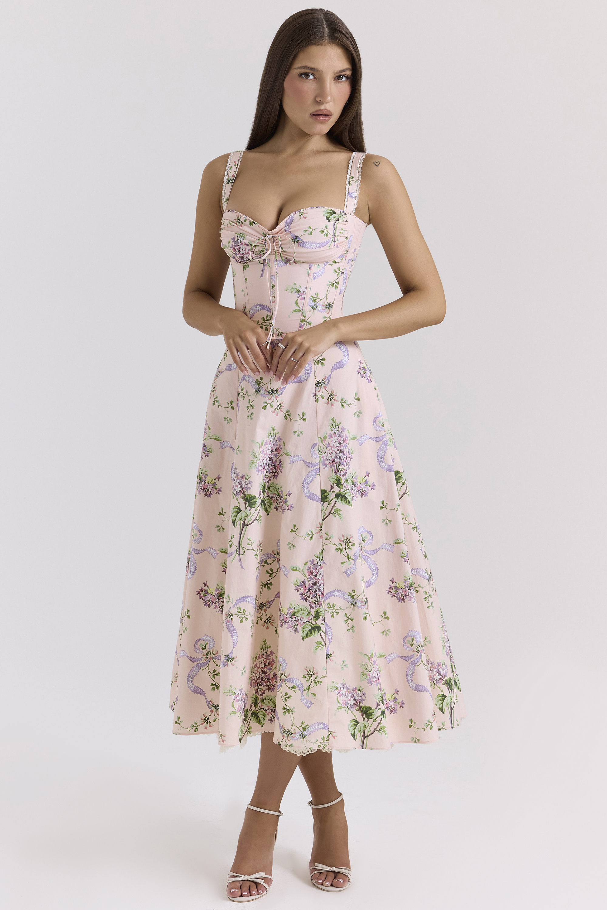 Rosalee Pink Floral Corset Midi Dress
