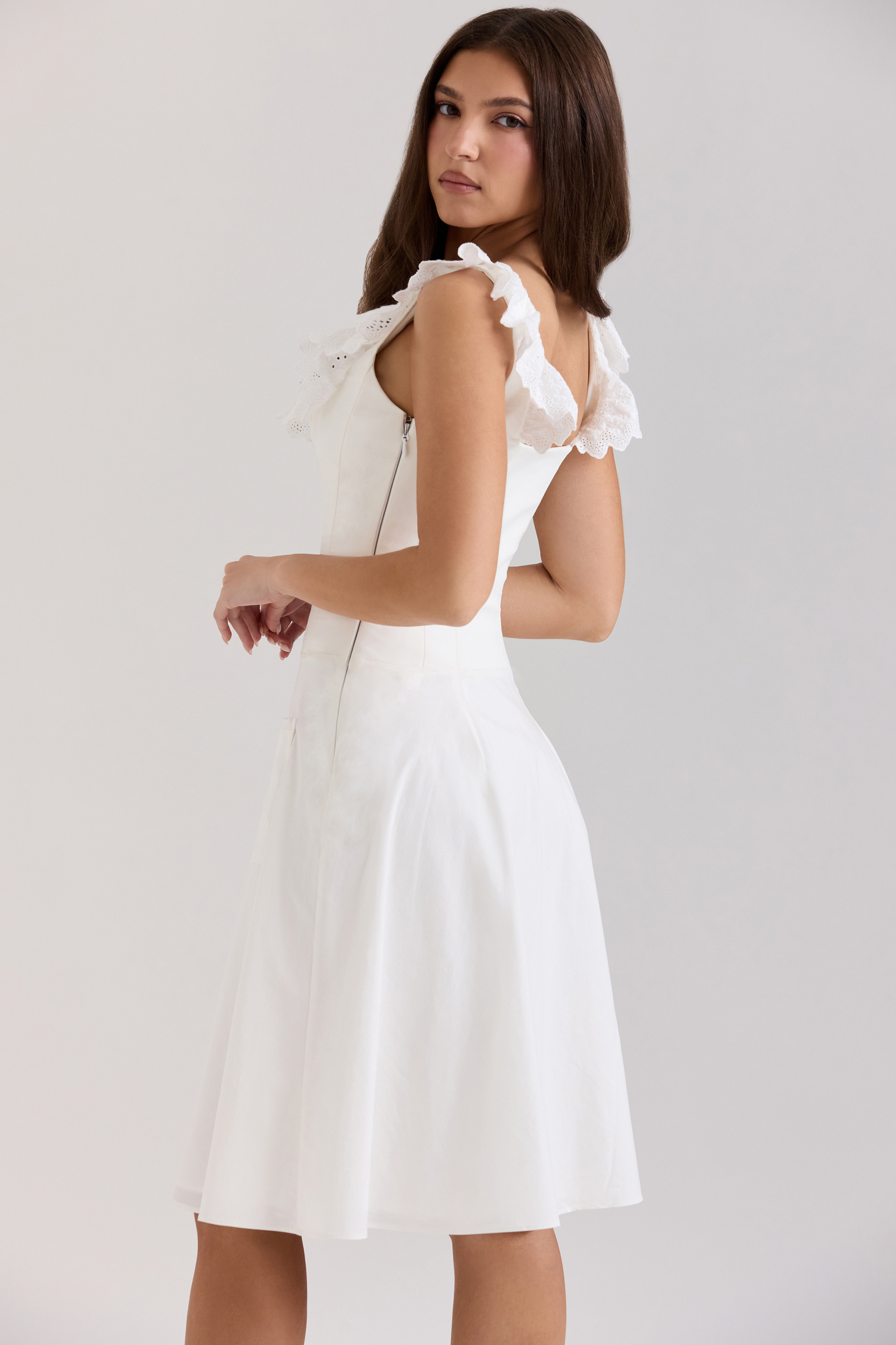 Mathilde White Cotton Broderie Anglaise Trim Midi Dress