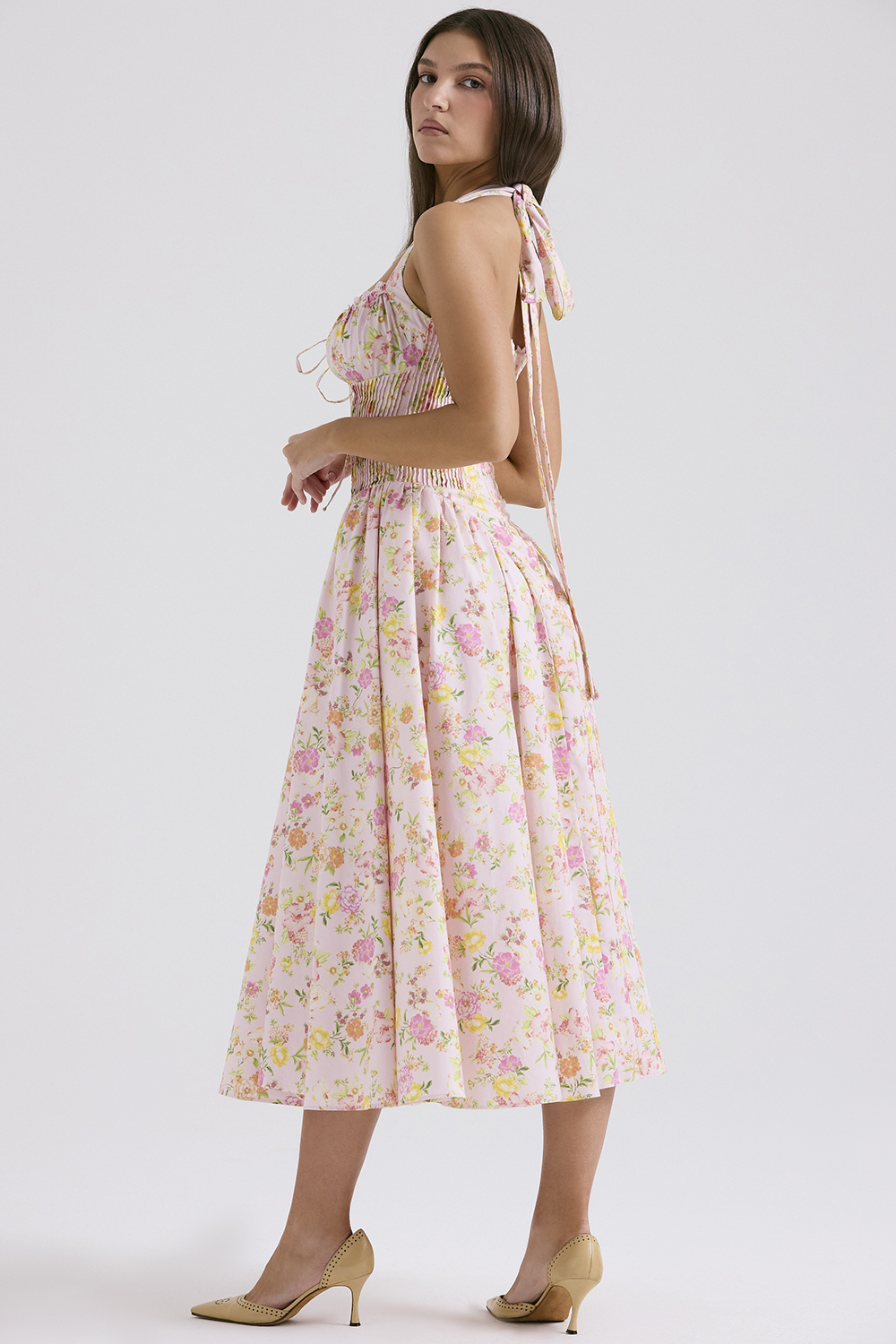 Adabella Pink Meadow Print Cotton Halter Midi Sundress