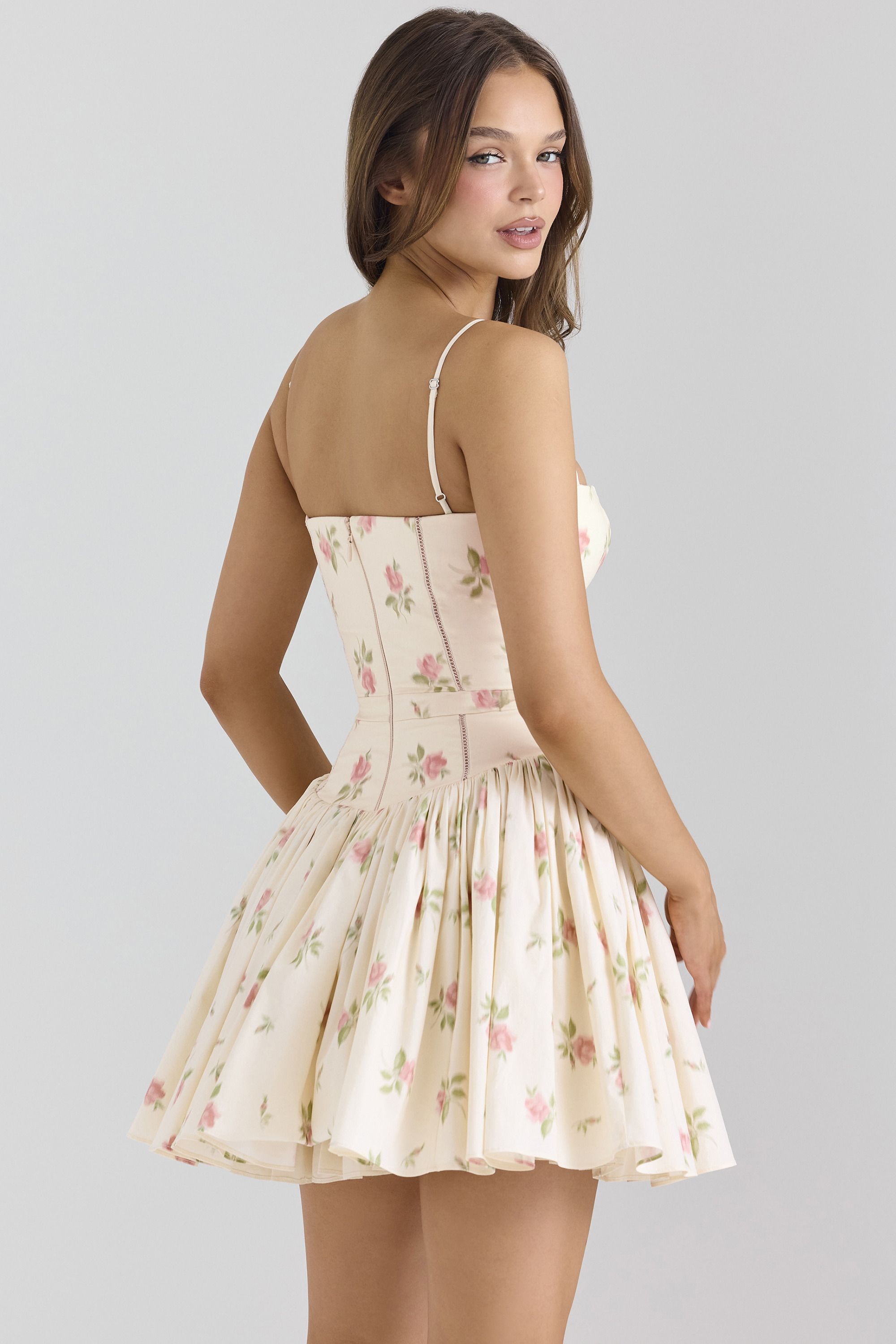 Ysabella Cream Rose Print Stretch Cotton Mini Sundress