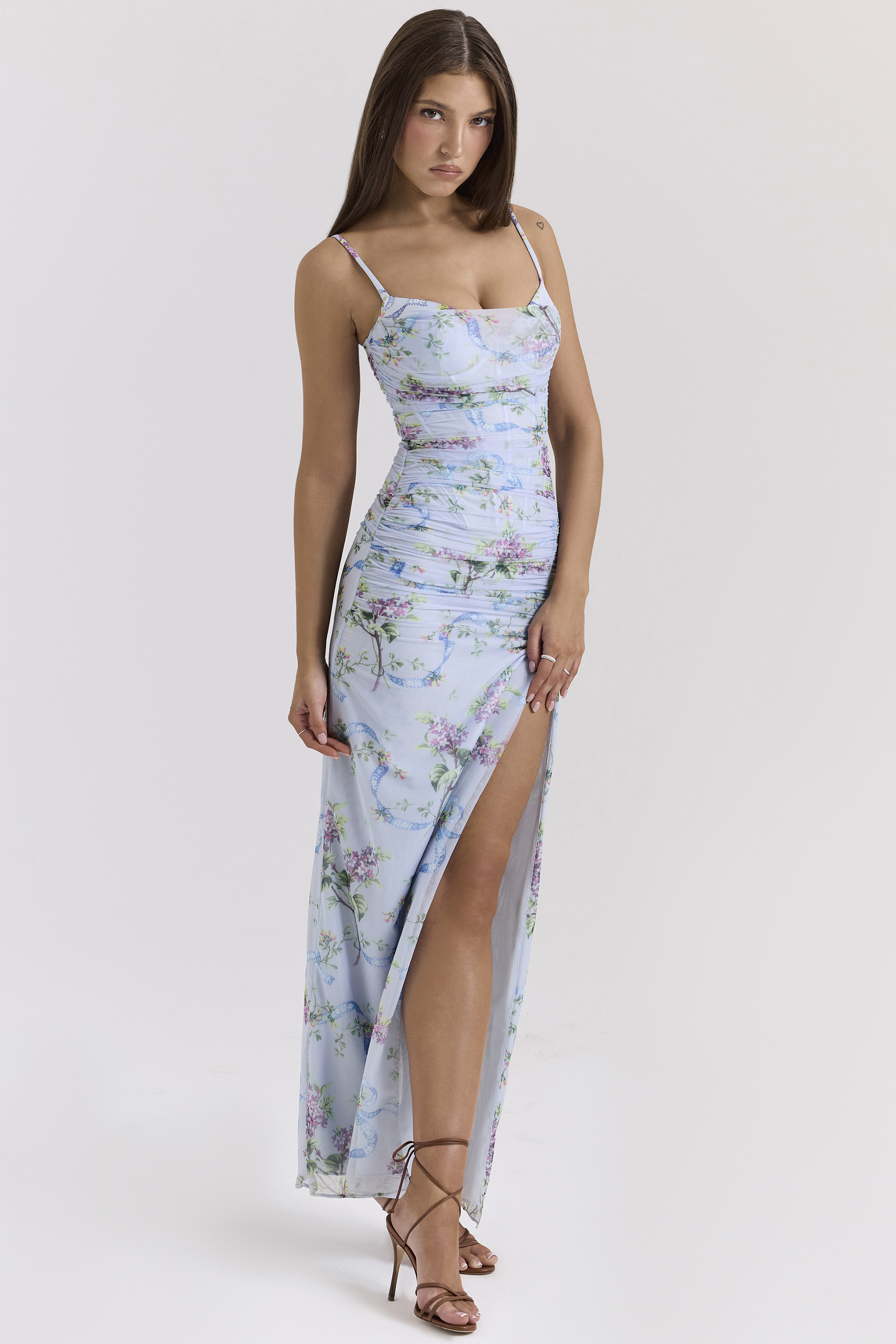 Lini Blue Floral Print Mesh Maxi Dress