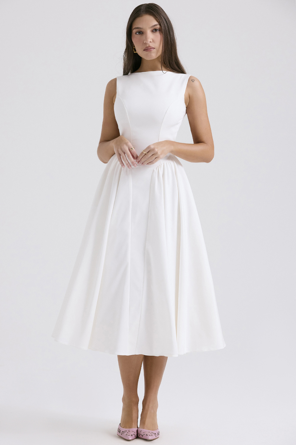 Cindy White Twill Midi Sundress