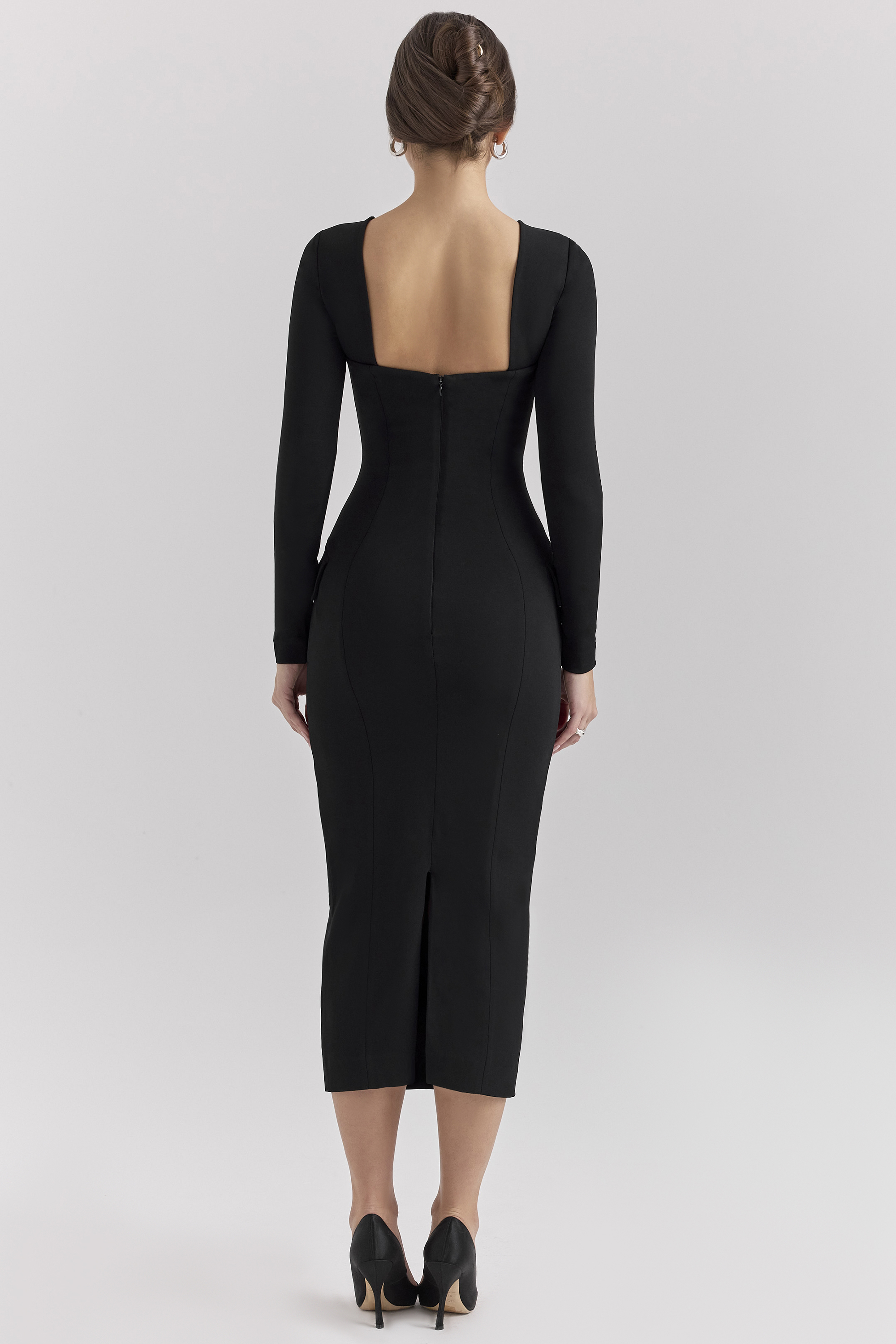 Ella Black Stretch Crepe Long Sleeve Midi Dress