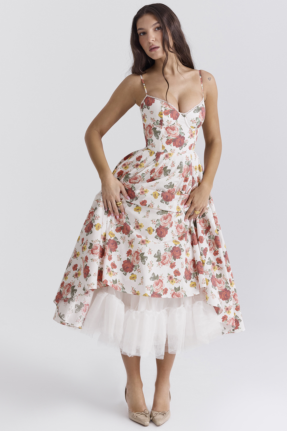 Mademoiselle Italian Rose Print Tulle Midi Dress