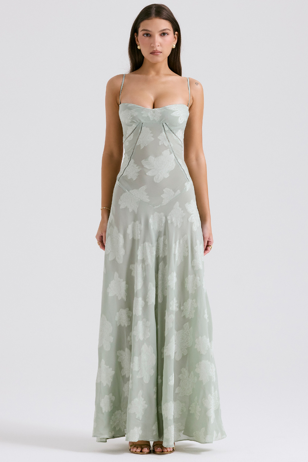 Seren Pistachio Floral Lace Back Maxi Dress