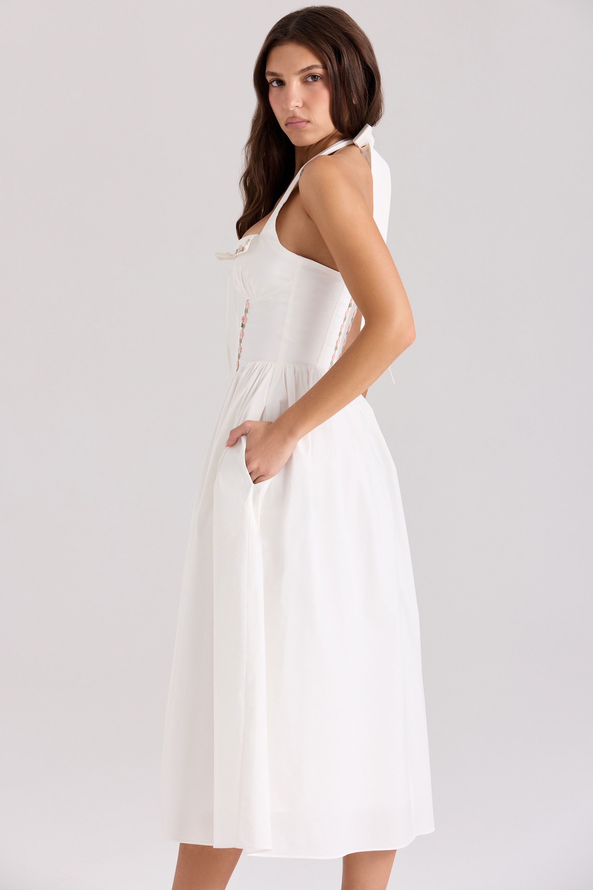 Emilia White Cotton Halter Neck Midi Dress