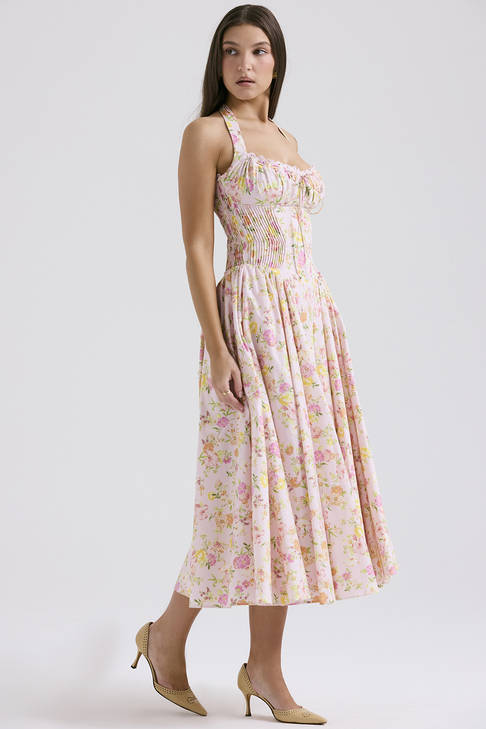 Adabella Pink Meadow Print Cotton Halter Midi Sundress
