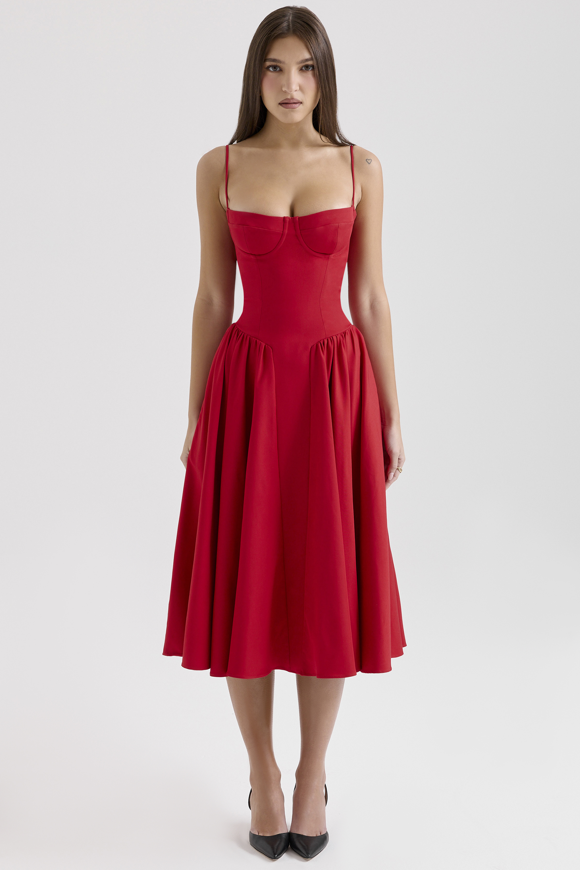 Samaria Red Gathered Midi Dress