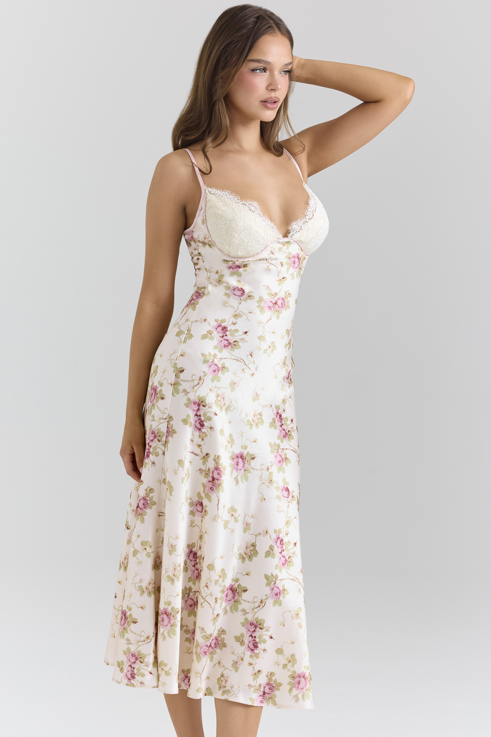 Felicity Ivory Floral Print Satin Bias Cut Midi Dress