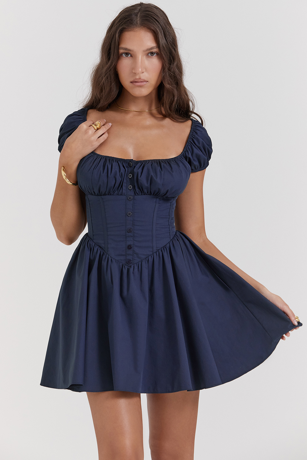 Nala French Navy Gathered Mini Dress