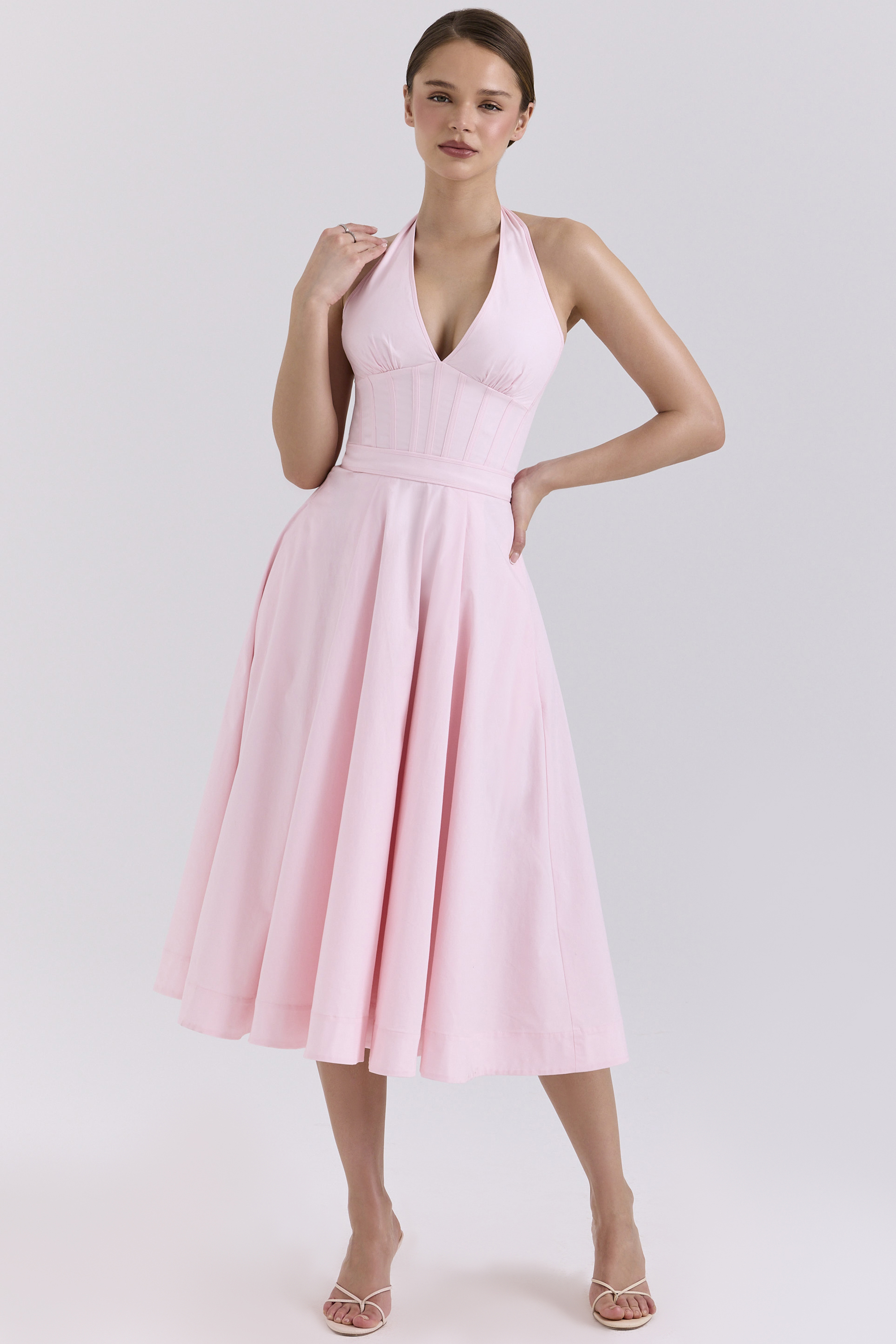 Allena Pink Stretch Cotton Halter Midi Sundress