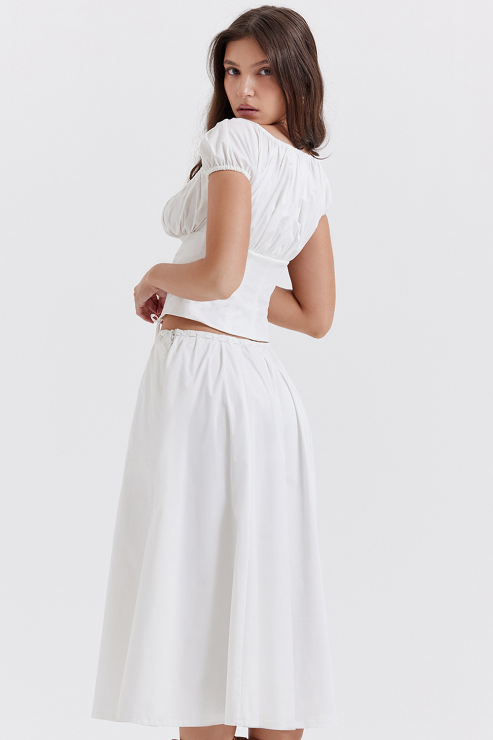 Cora White Gathered Midi Skirt