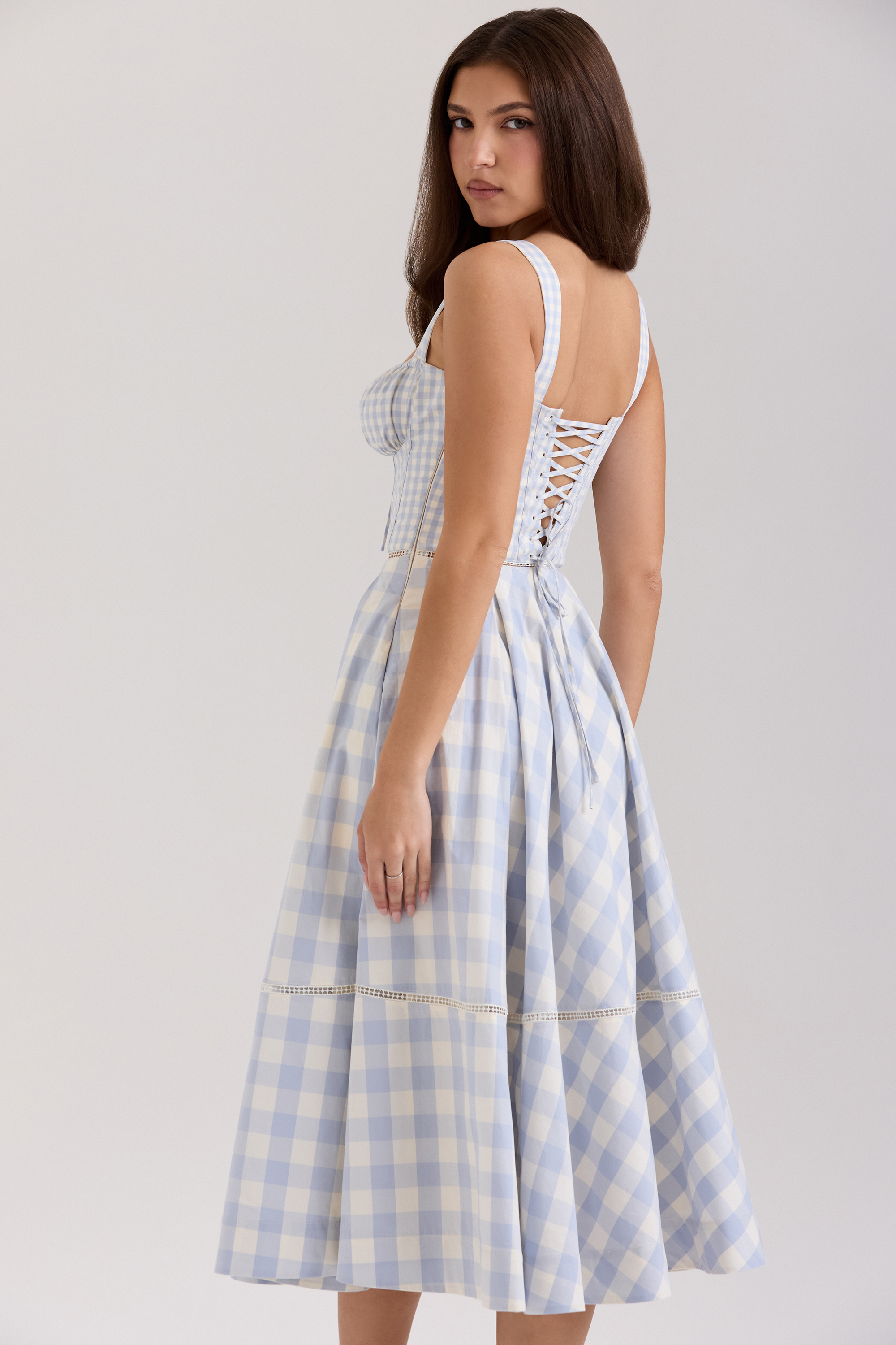 Chiarina Light Blue Gingham Stretch Cotton Midi Dress