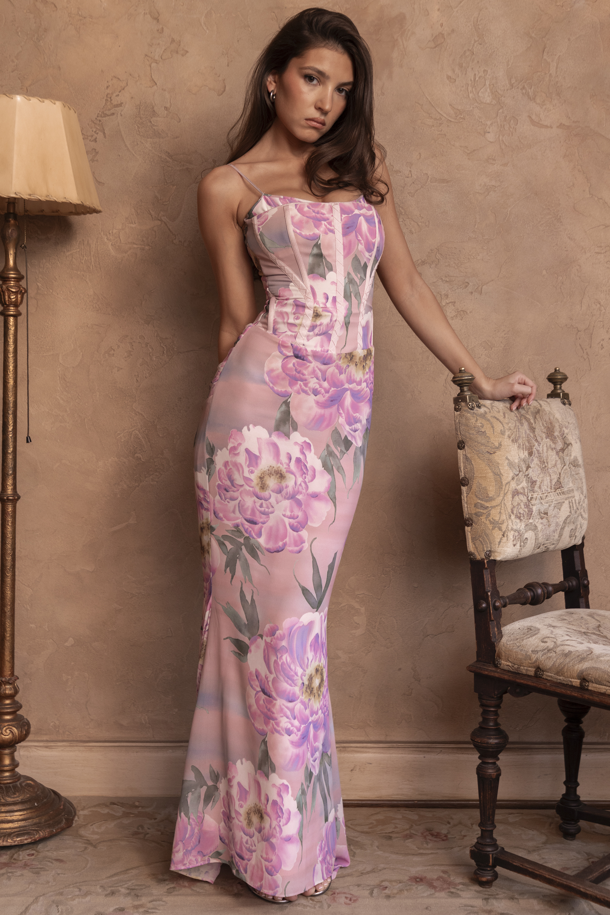 Antonina Pink Floral Corset Maxi Dress