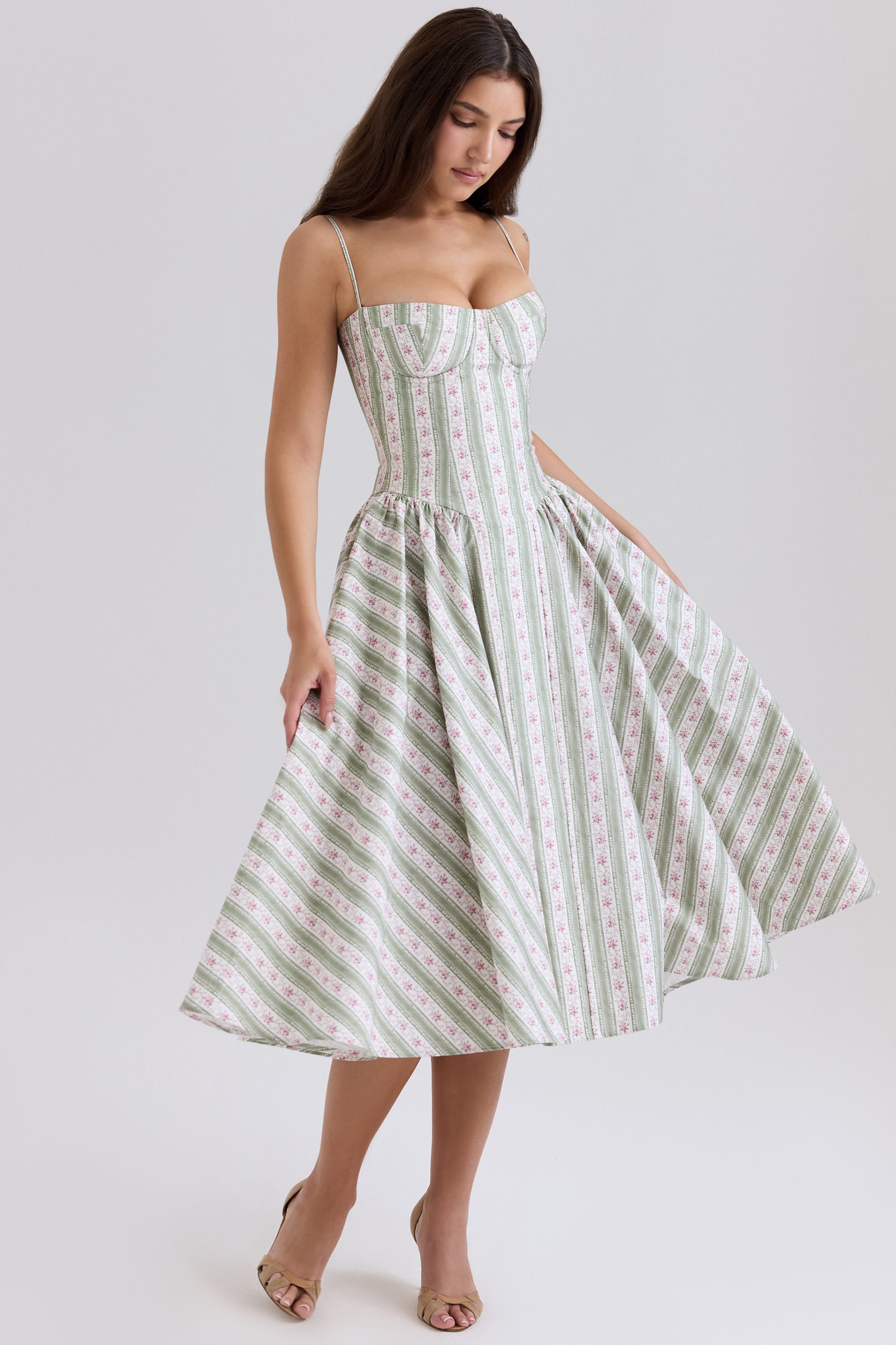 Samaria Sage Striped Floral Print Cotton Midi Dress
