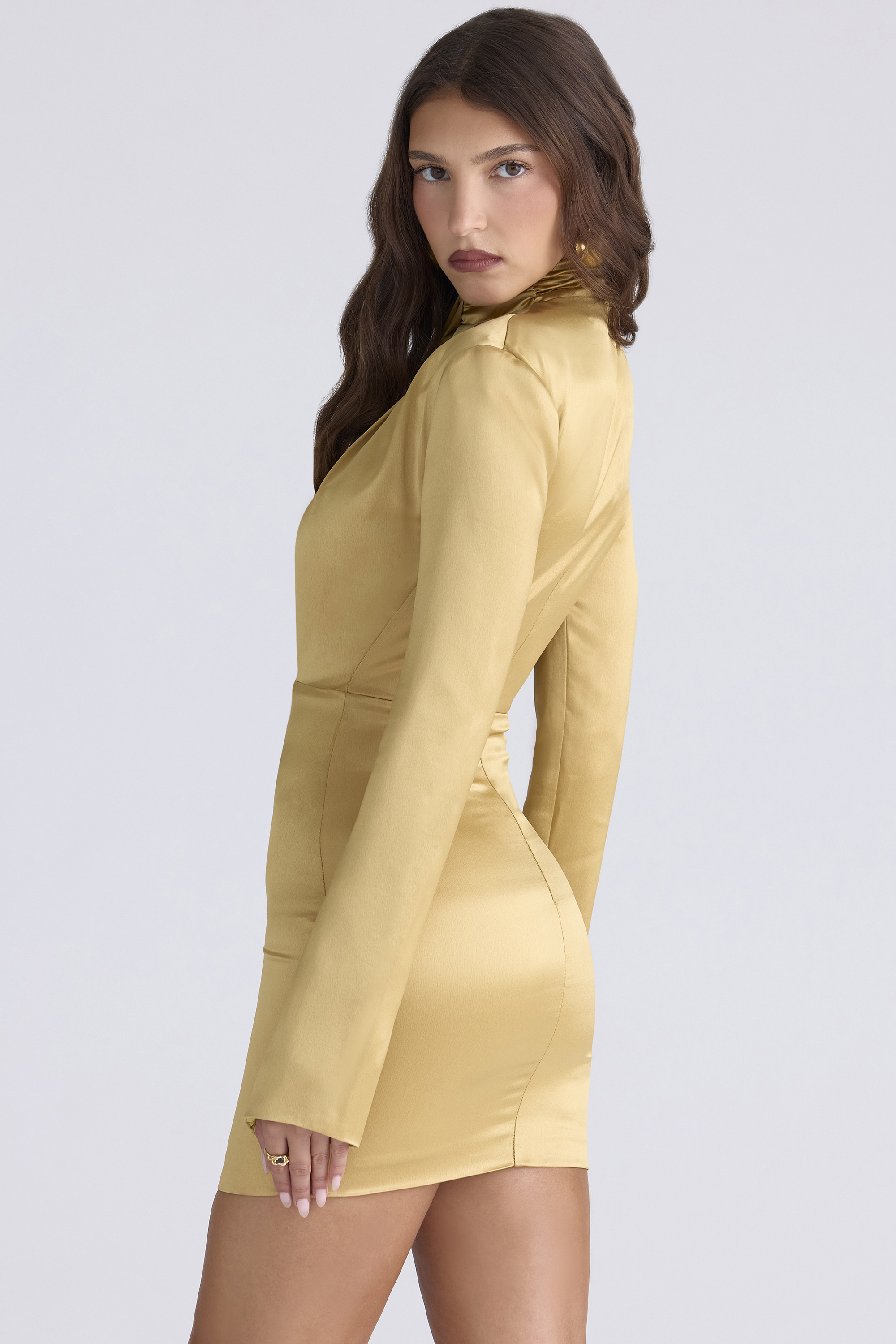 Amala Gold Long Sleeve Satin Mini Dress