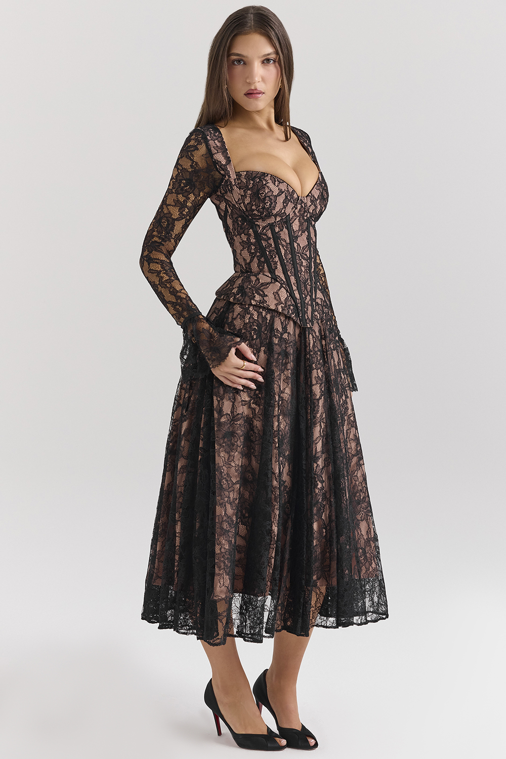 Raquel Black Lace Corset Midi Dress - SALE