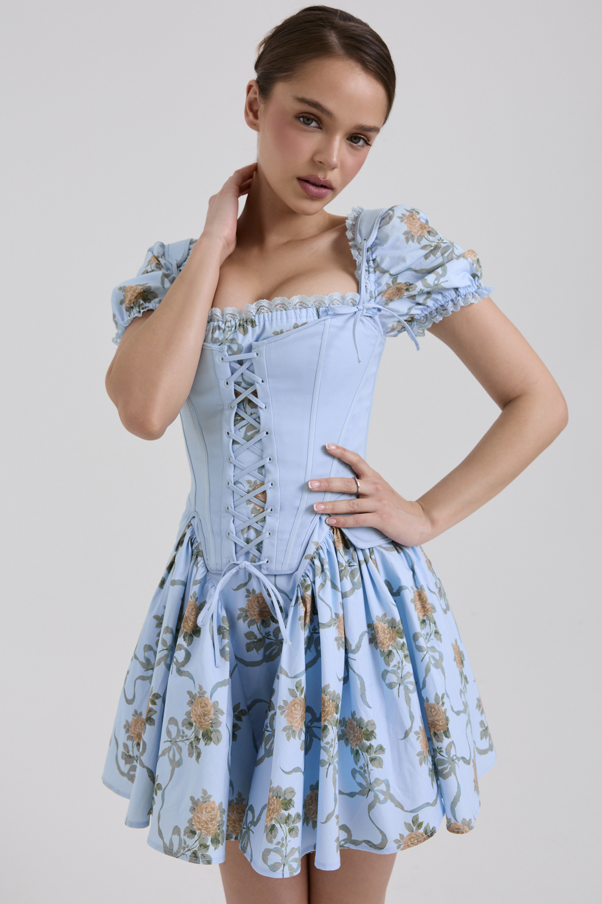 Rosie Blue Rose Print Cotton Mini Dress