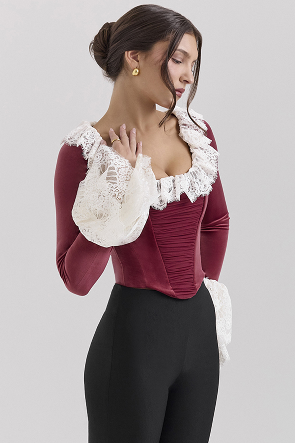 Jacinda Cabernet Velvet Lace Trimmed Corset Top - SALE