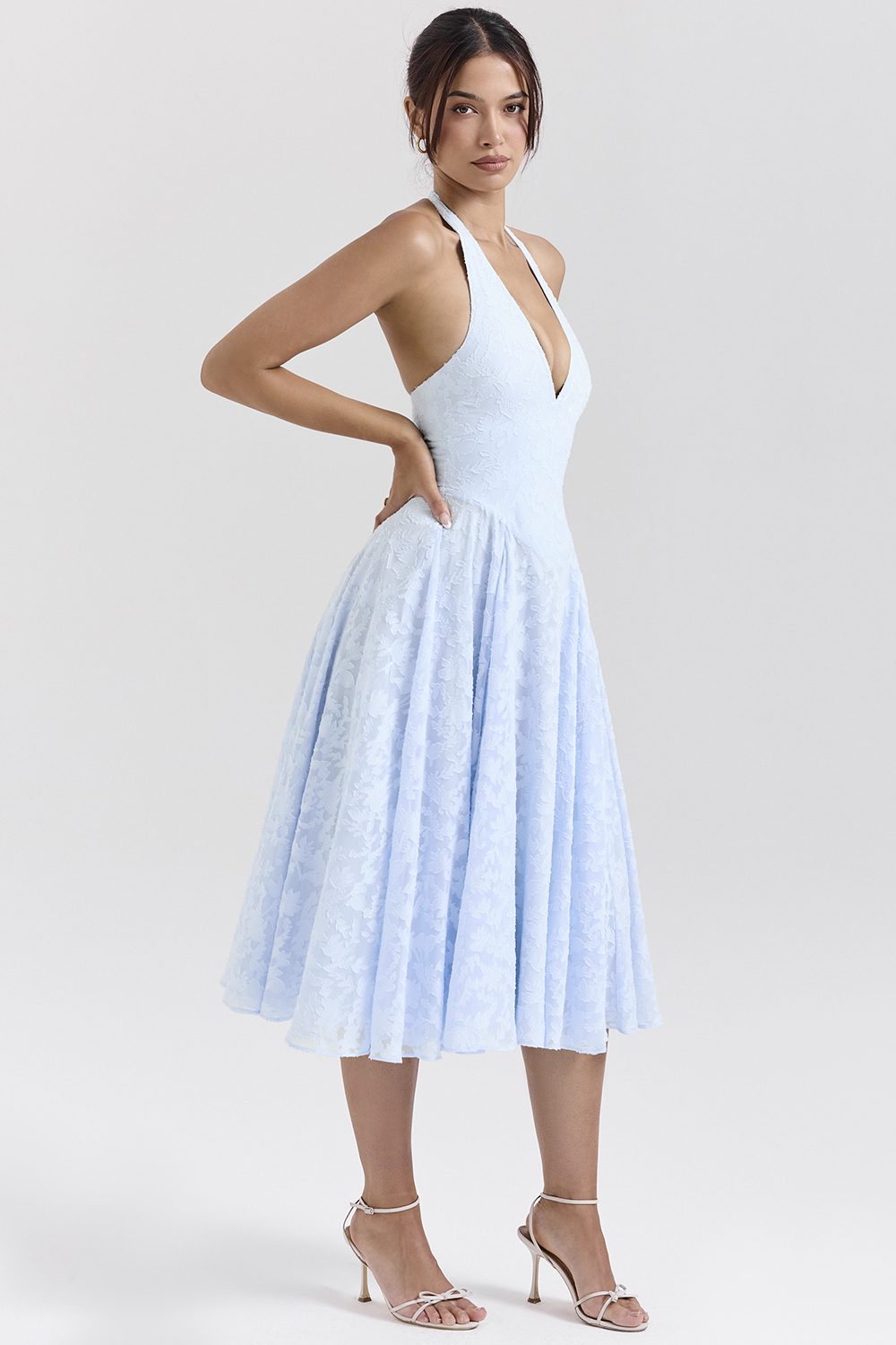 Arietta Bluebell Floral Jacquard Halter Midi Dress