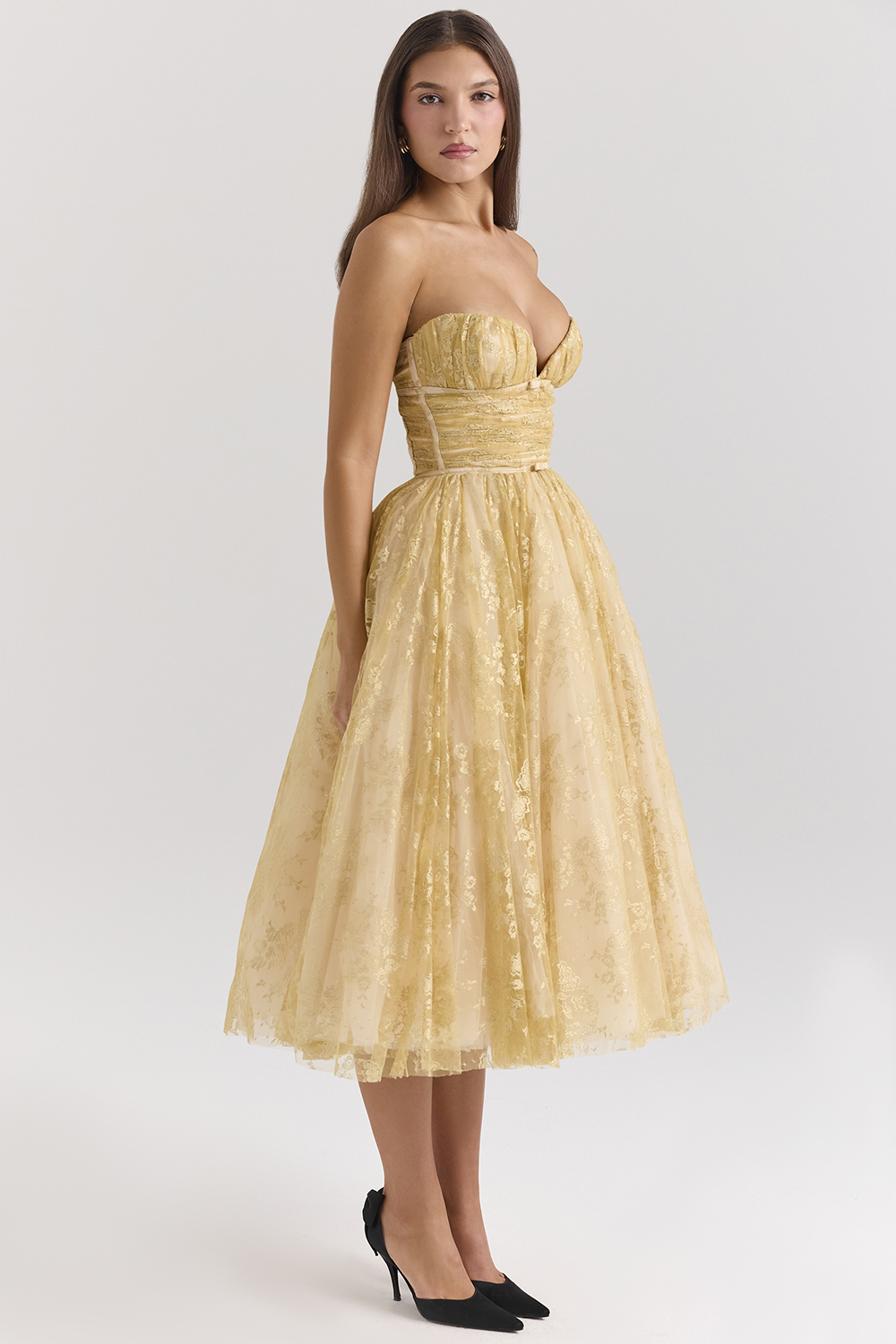 Madame Gold Metallic Lace Tulle Midi Gown