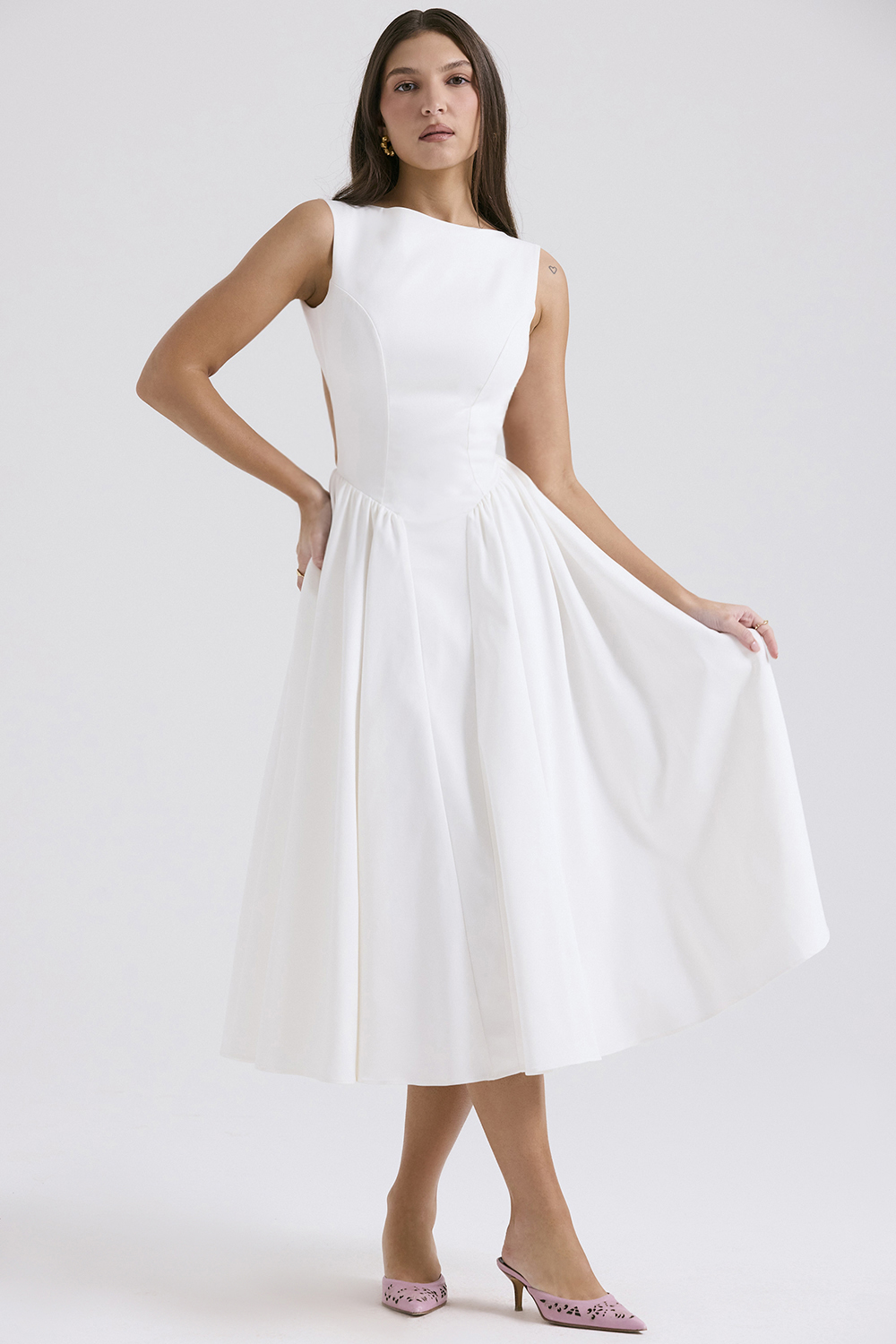 Cindy White Twill Midi Sundress