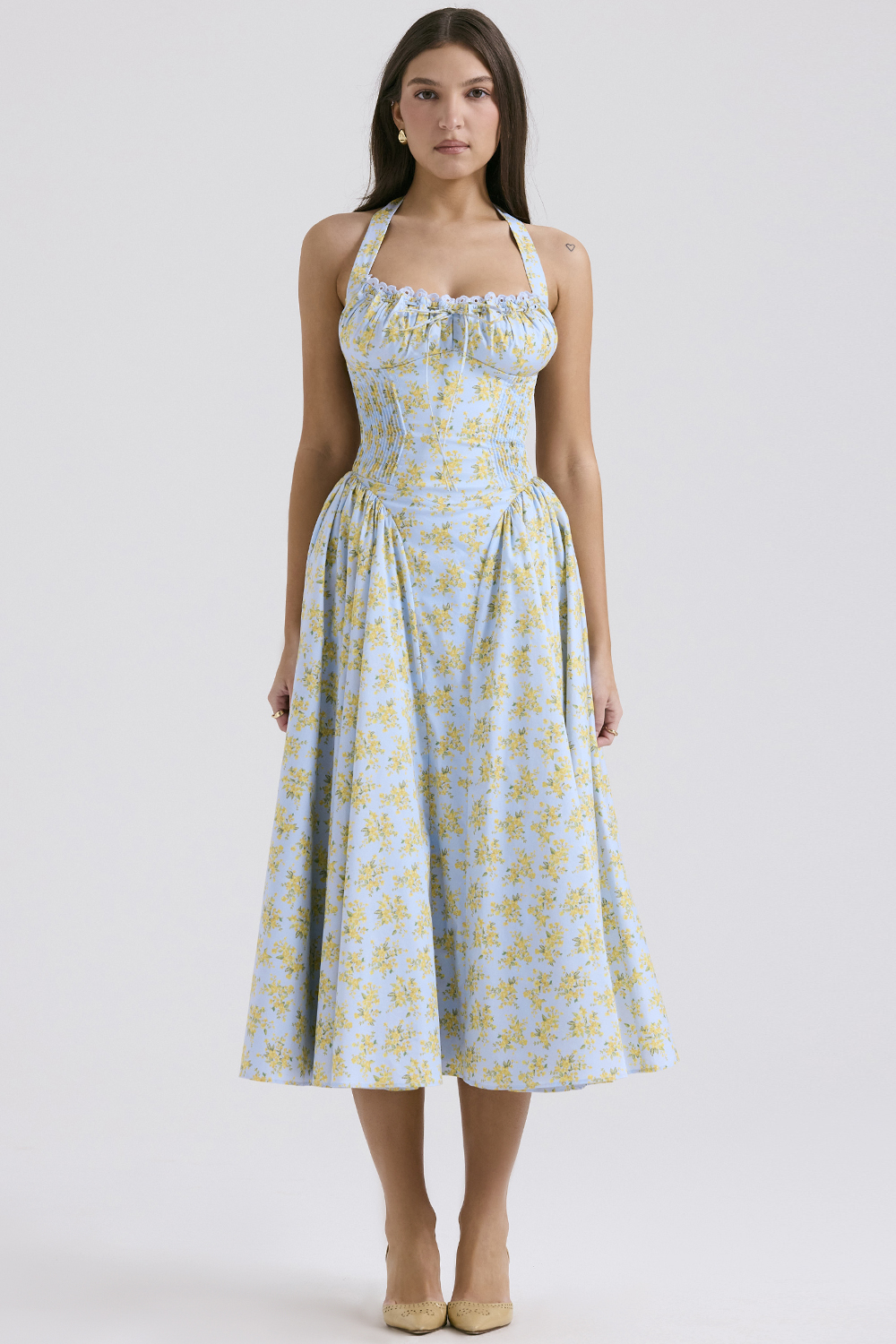 Adabella Soft Blue Vintage Floral Print Cotton Halter Sundress