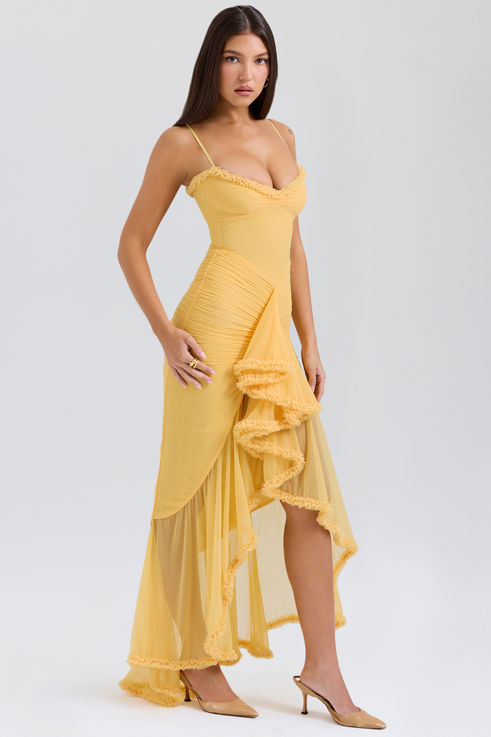 Gabbi Apricot Ruffled Front Gown