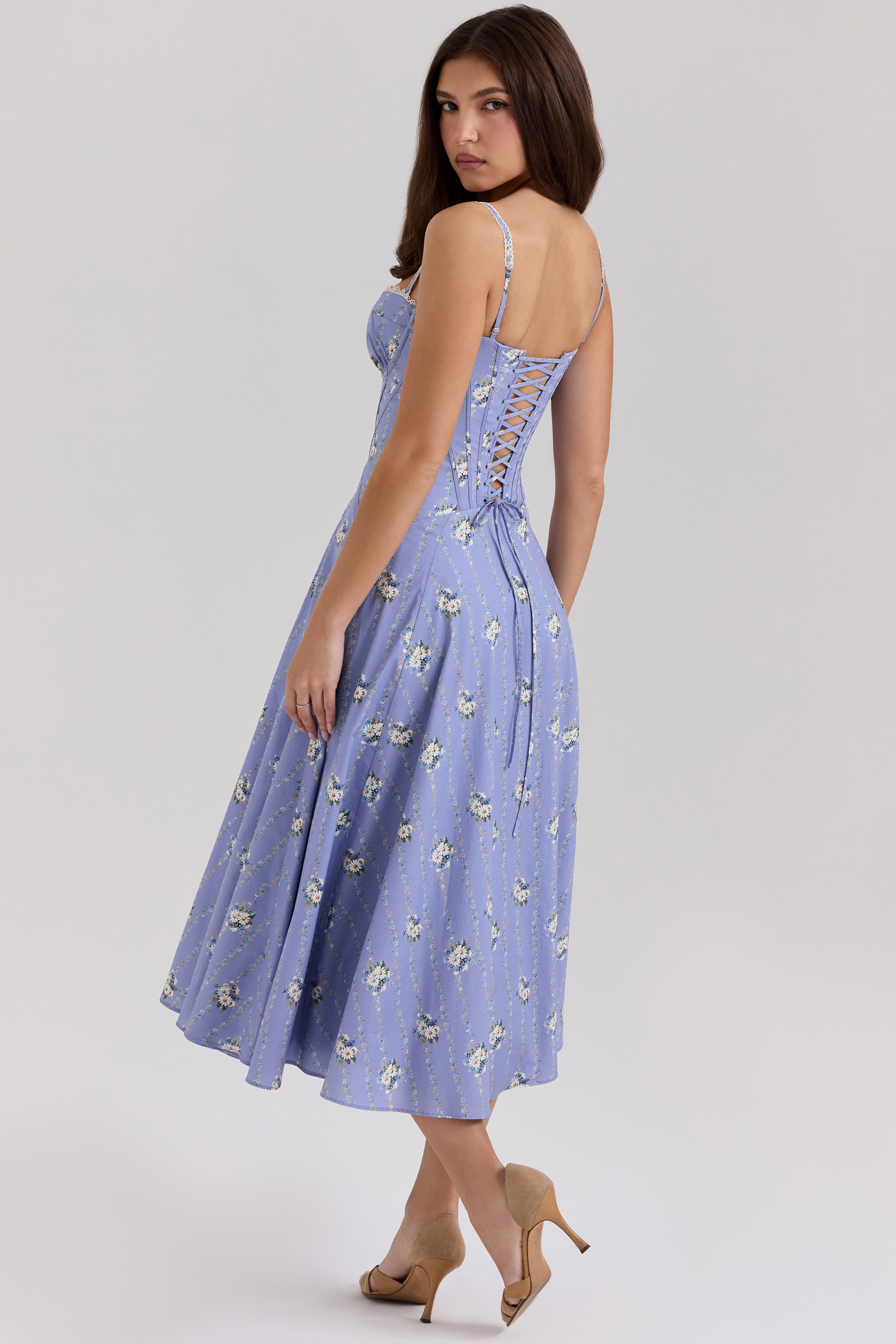 Steffani Blue Daisy Print Stretch Cotton Midi Sundress