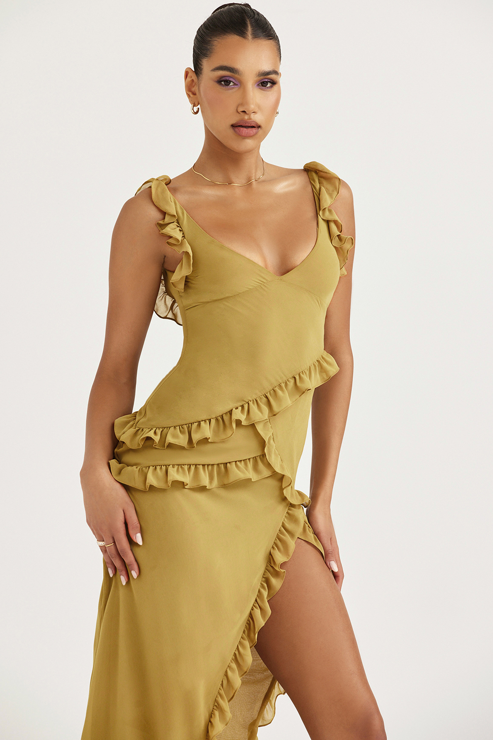 Pixie Olive Ruffle Maxi Dress