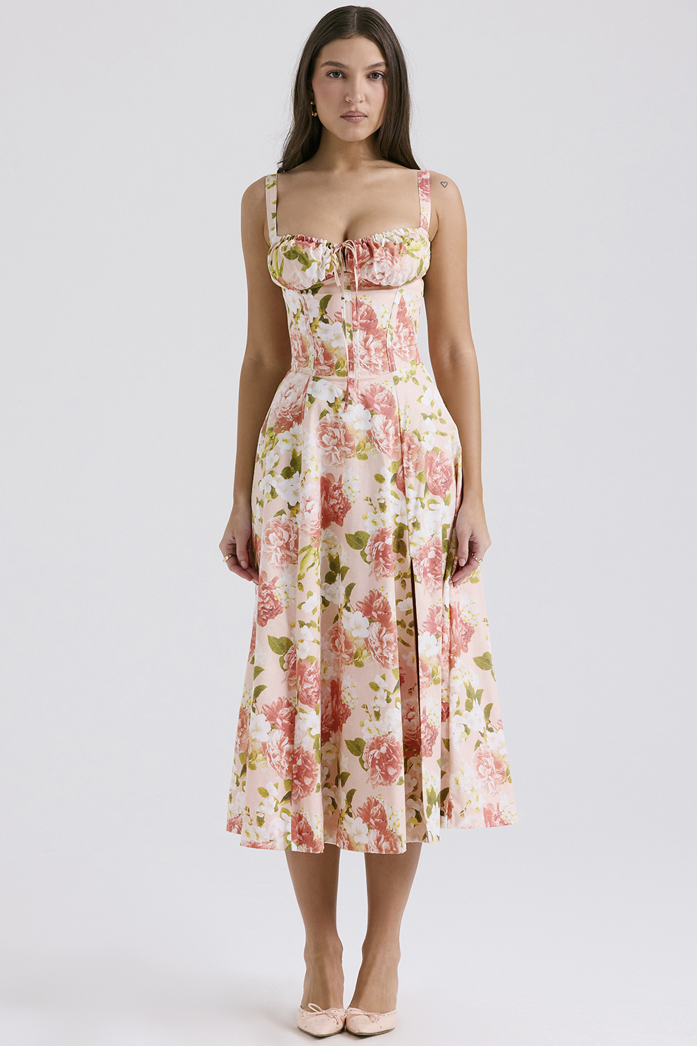 Carmen Pink Peony Print Cotton Bustier Sundress