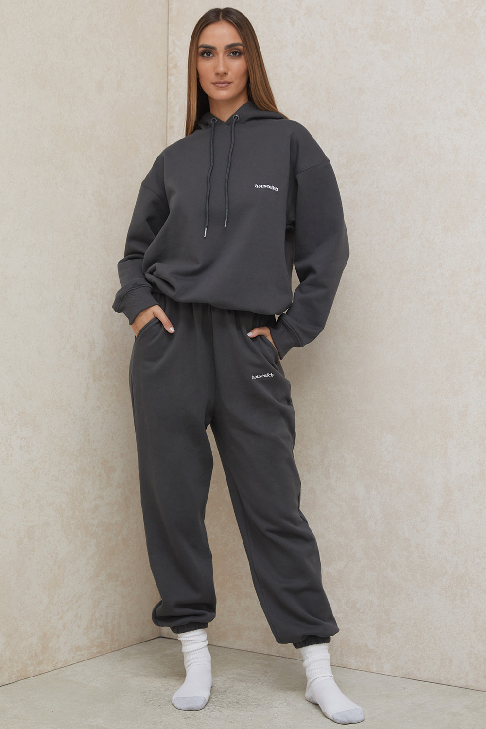 Halo Charcoal Cotton Fleece-Back Oversized Hoodie