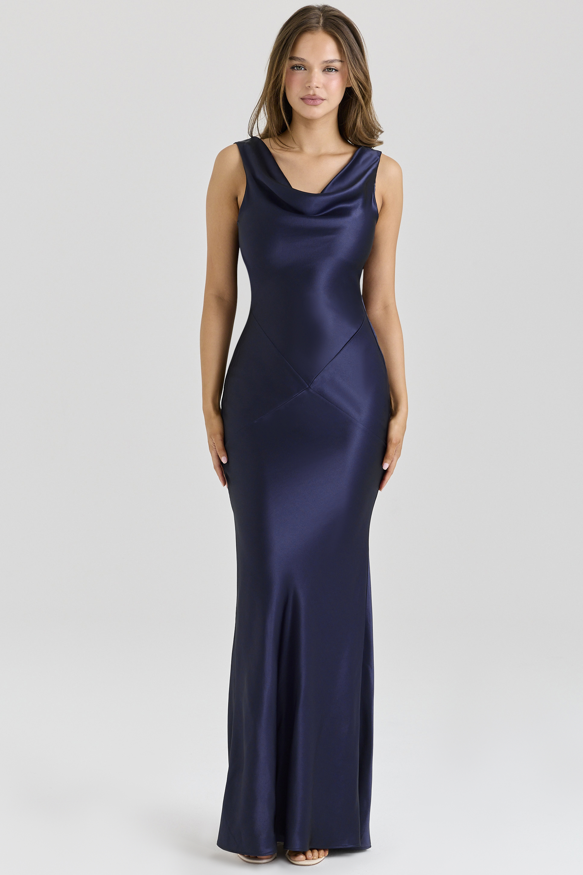 Safaira Navy Satin Draped Cowl Neck Maxi Dress