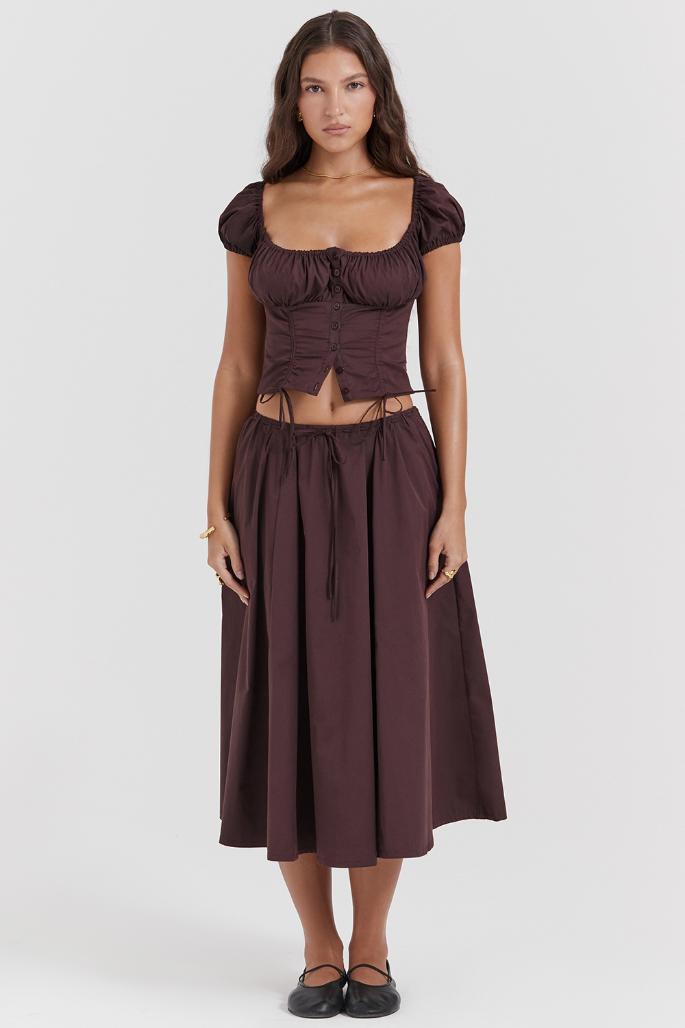 Cora Rich Brown Gathered Midi Skirt
