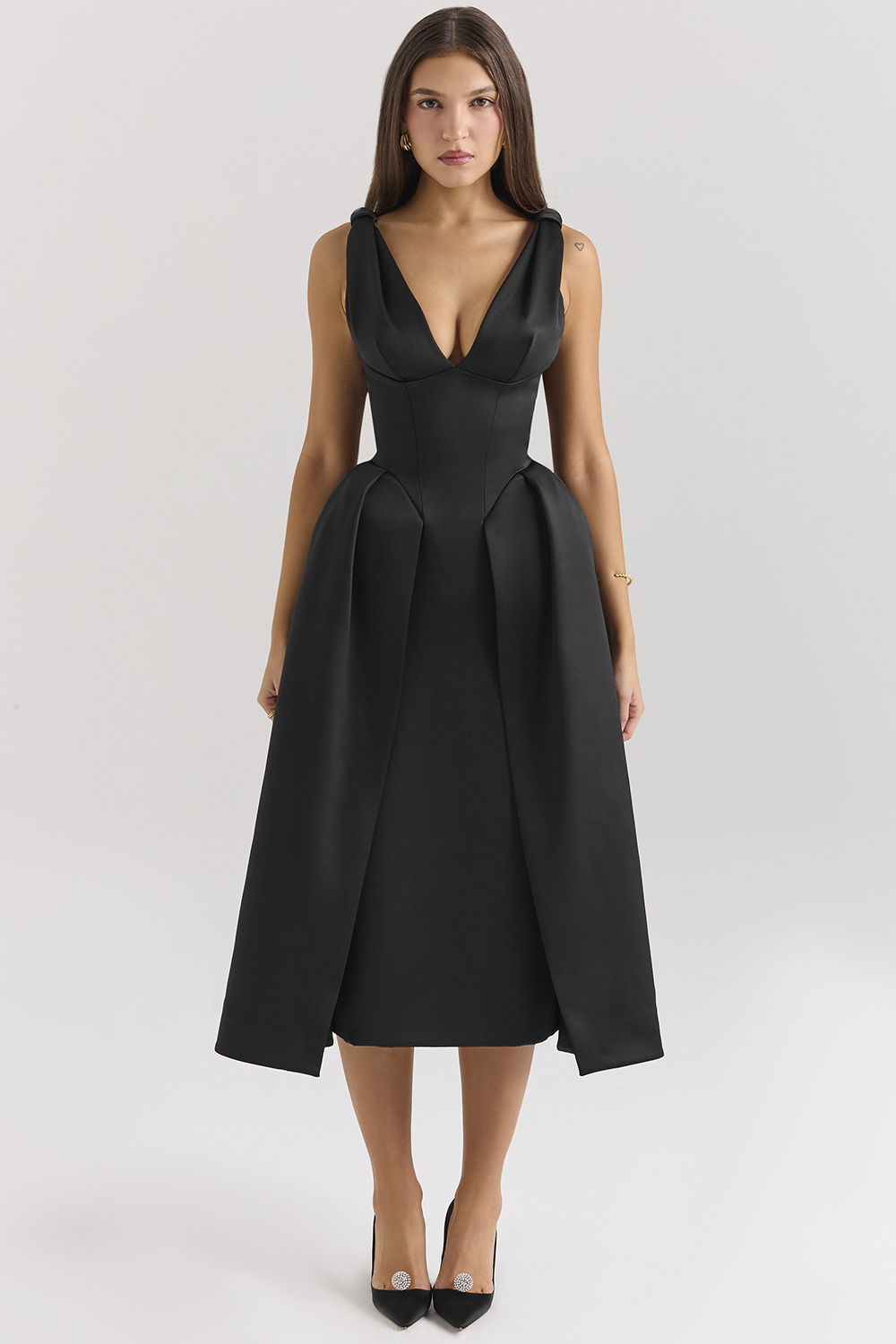 Paloma Black Satin Twist Strap Midi Dress - SALE