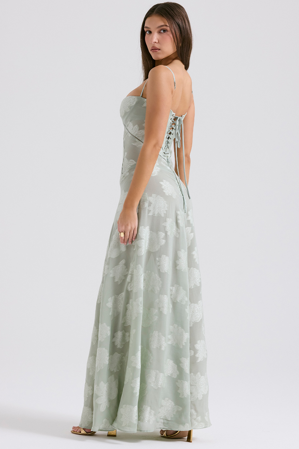 Seren Pistachio Floral Lace Back Maxi Dress