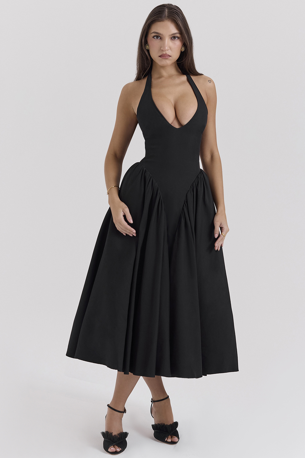 Marilyn Black Twill Halter Midi Dress