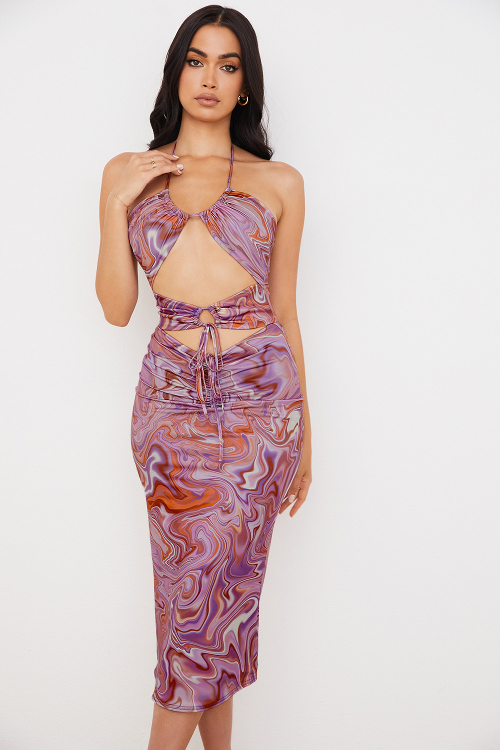 Kasia Purple Swirl Cutout Midi Dress