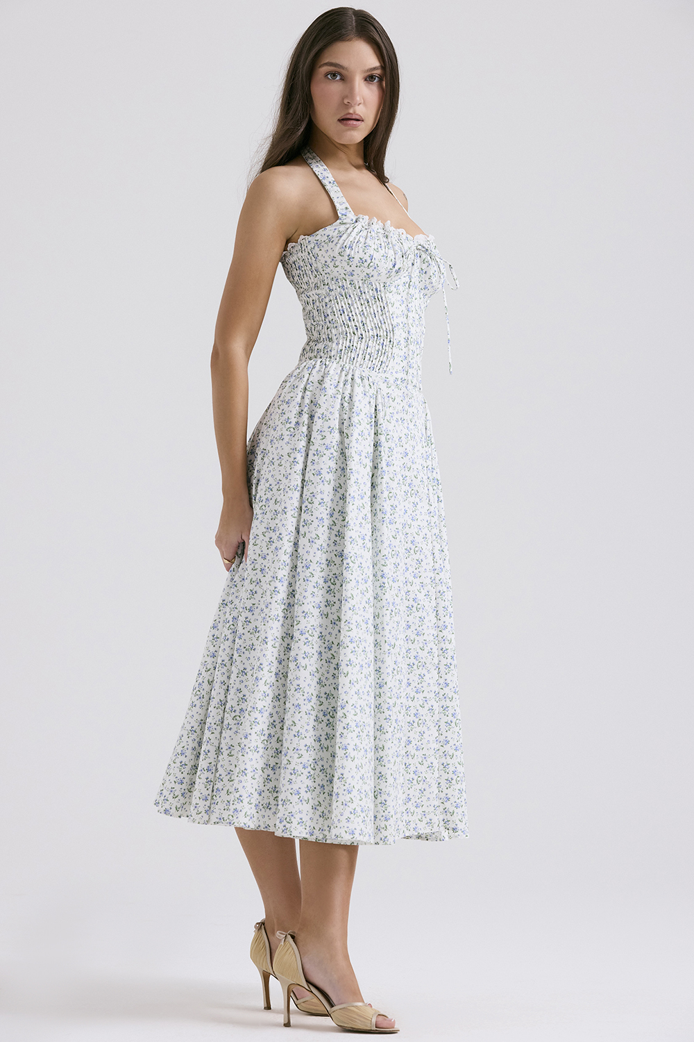Adabella White Bluebell Print Cotton Halter Sundress