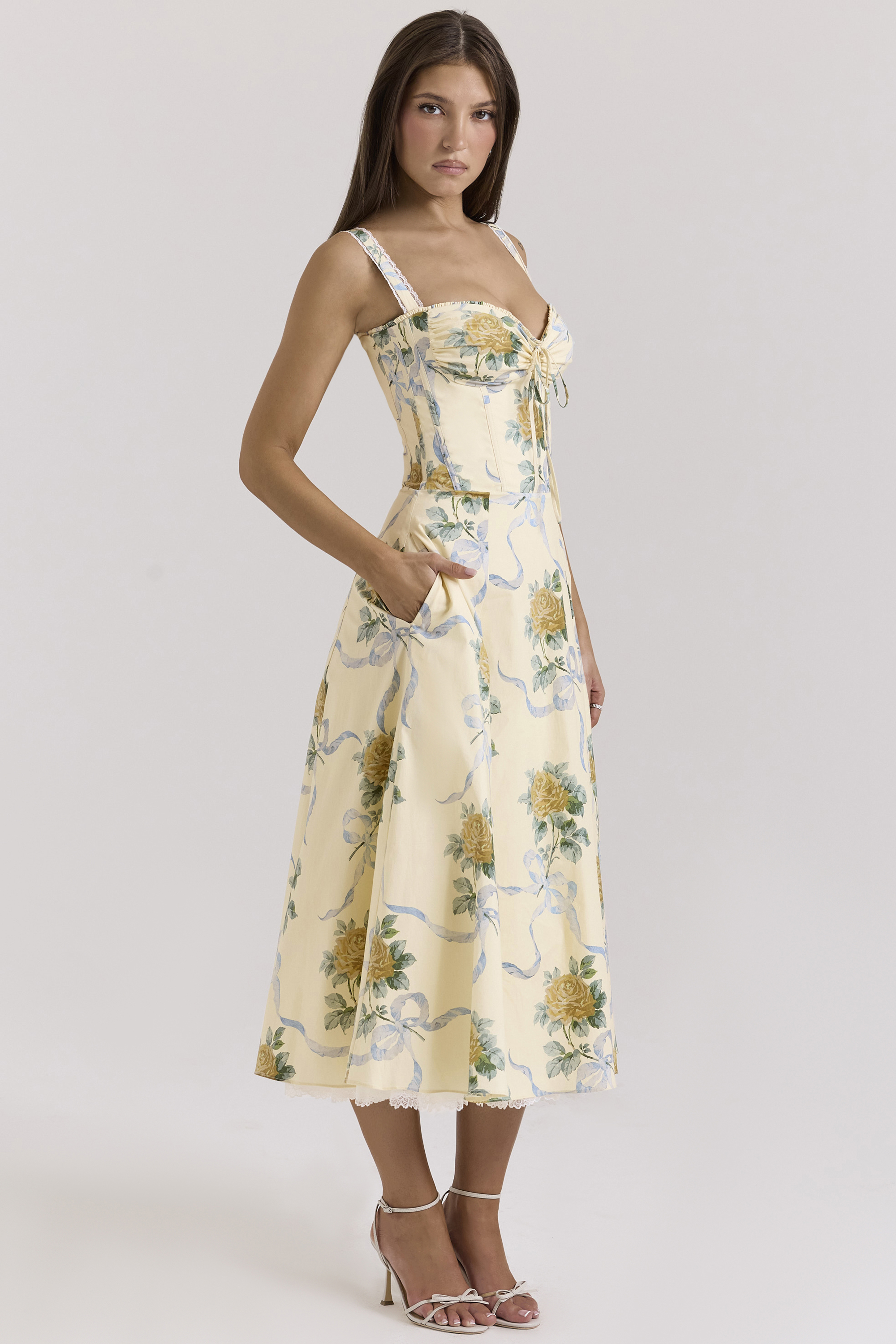 Rosalee Lemon Vintage Ribbon Print Cotton Midi Dress