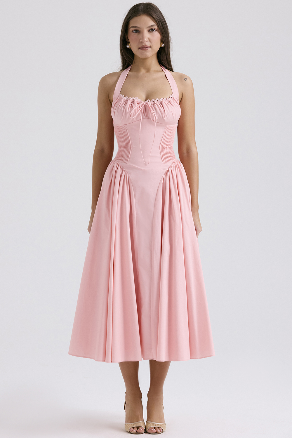 Adabella Rose Pink Cotton Halter Midi Sundress