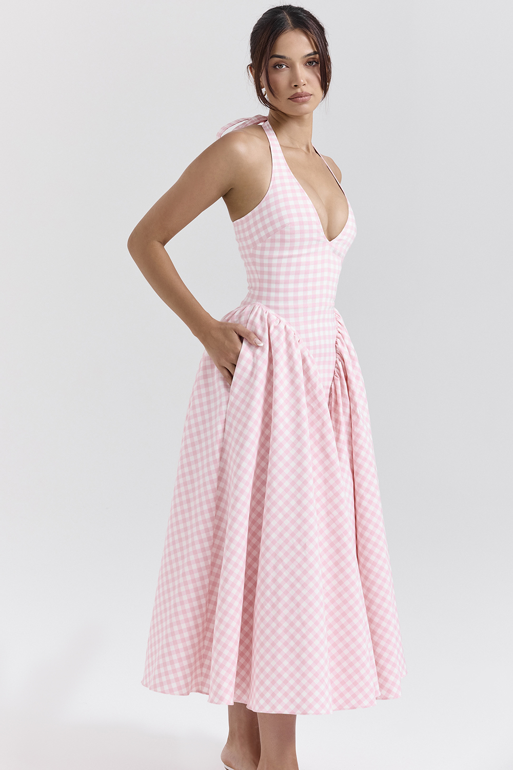 Marilyn Strawberry Shortcake Gingham Halter Midi Sundress