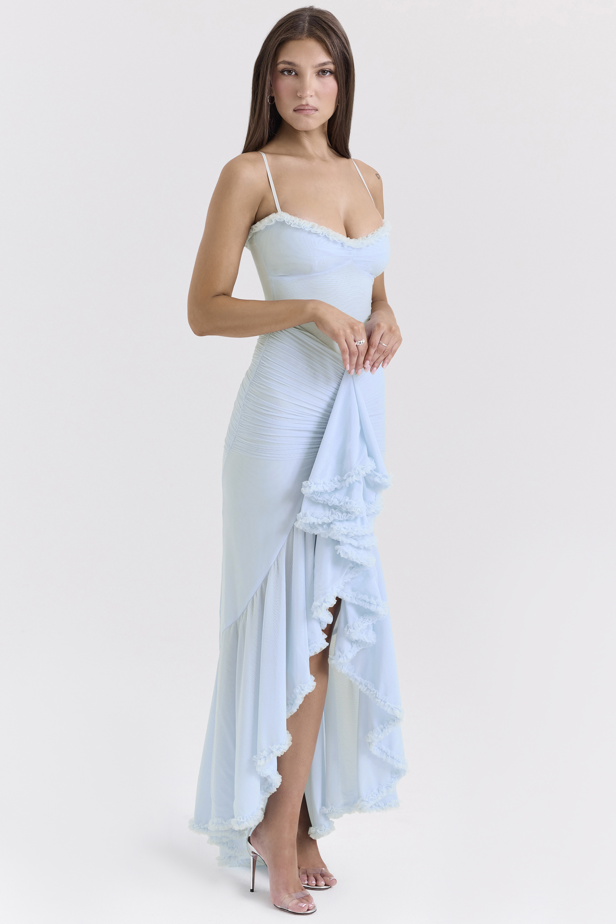 Gabbi Ice Blue Mesh Ruffled Front Gown