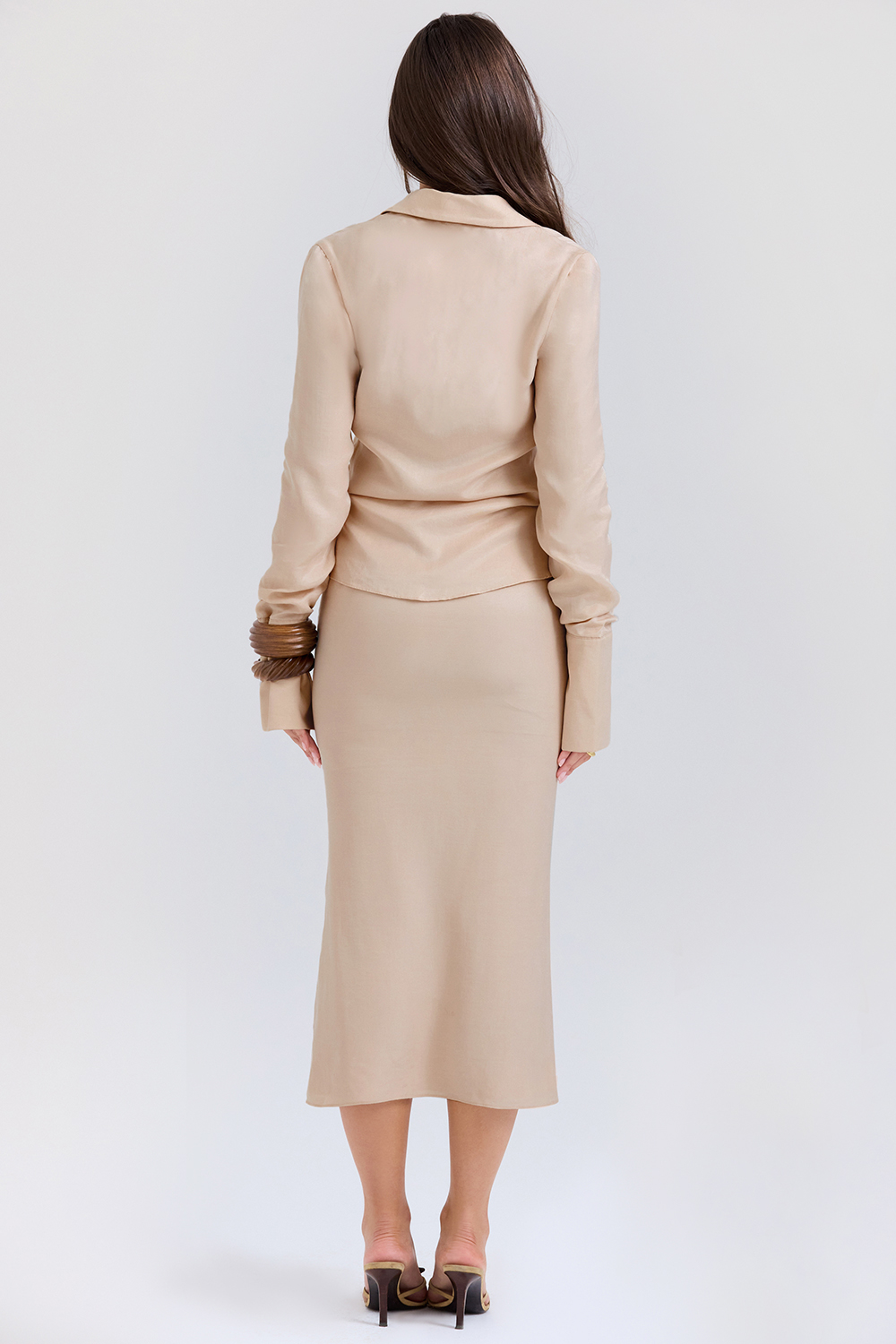 Nevaeh Almond Plunge Shirt Midi Dress