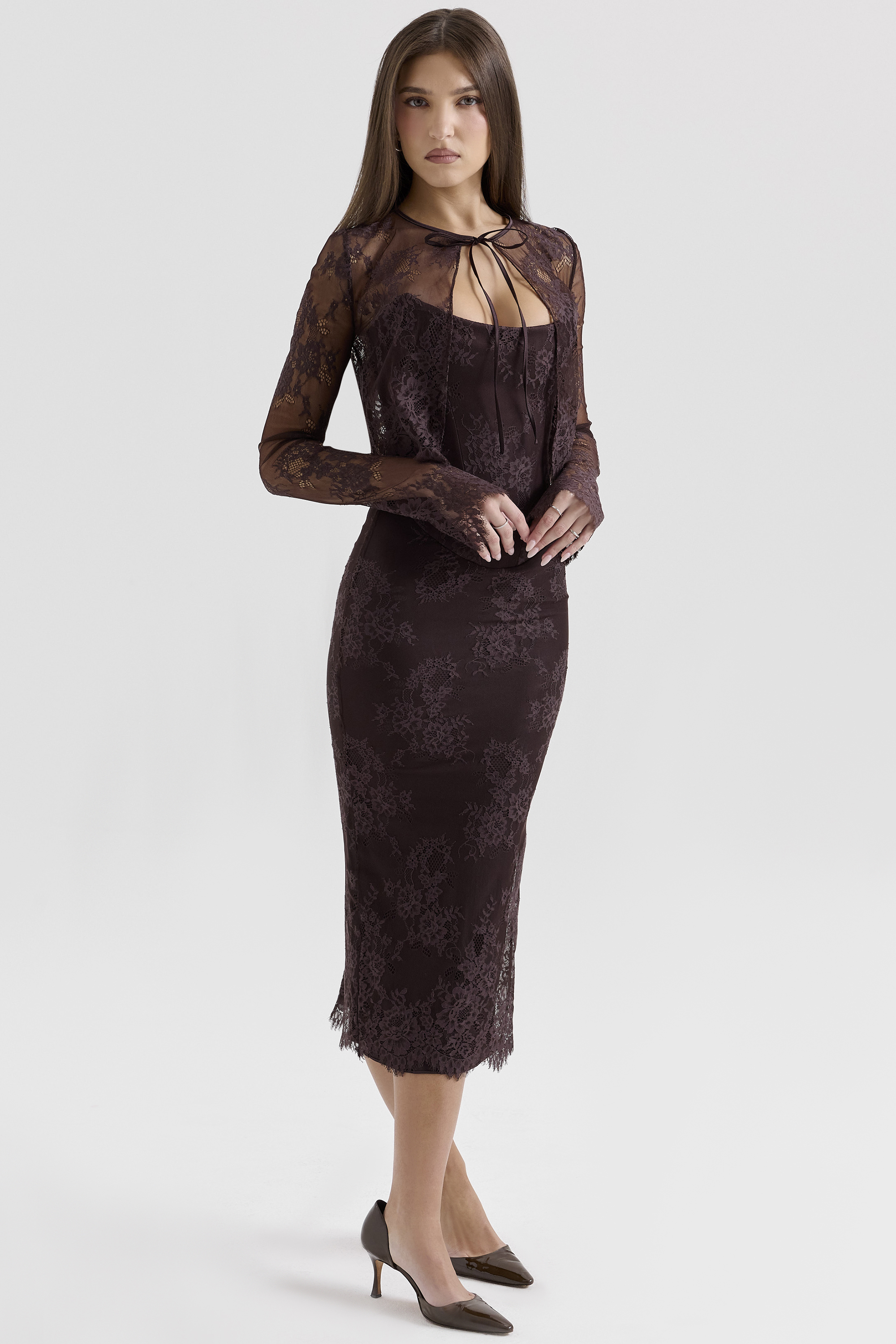 Larra Bitter Chocolate Lace Corset Midi Dress & Bolero
