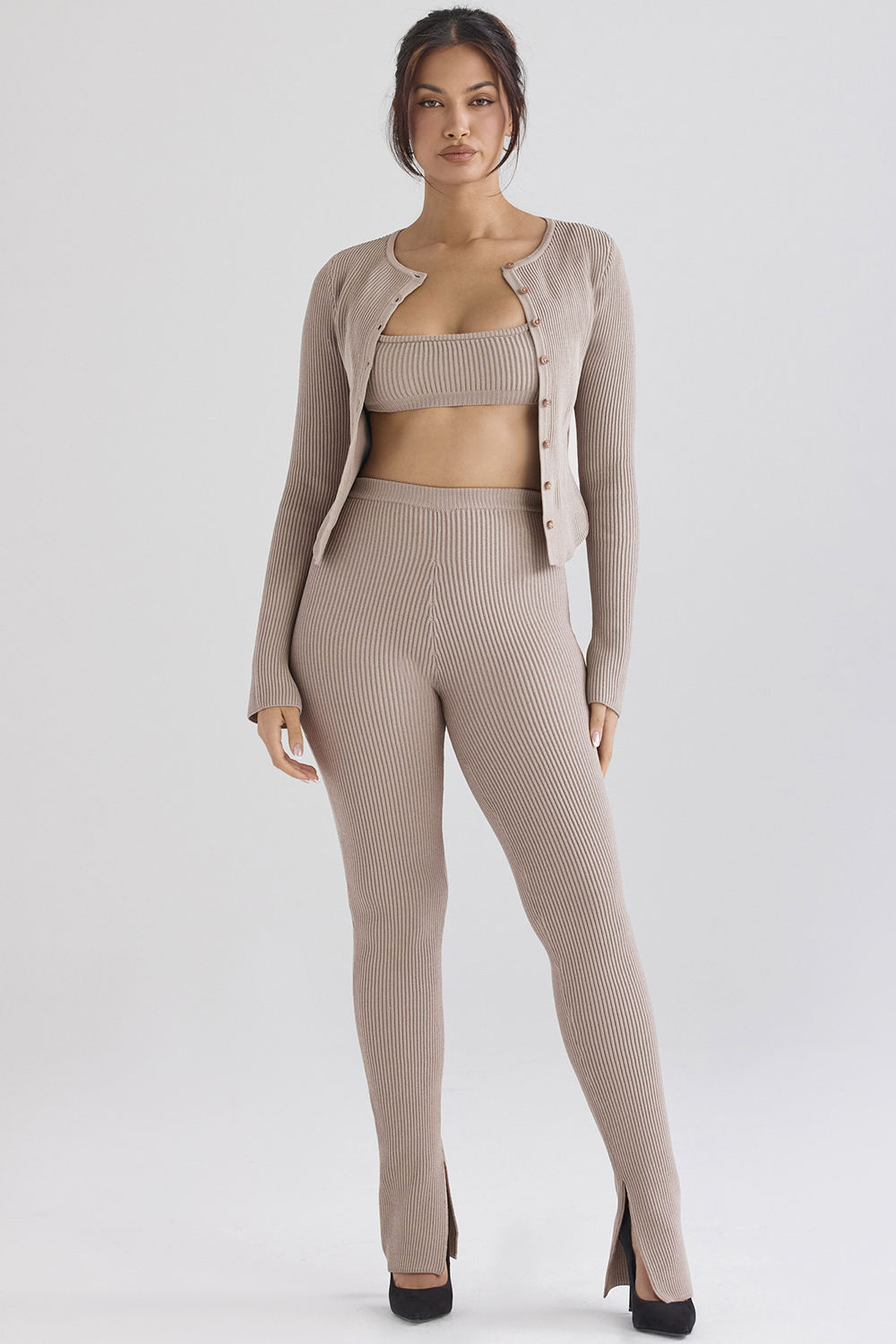 Sylvia Taupe Ribbed Knit Cardigan - SALE