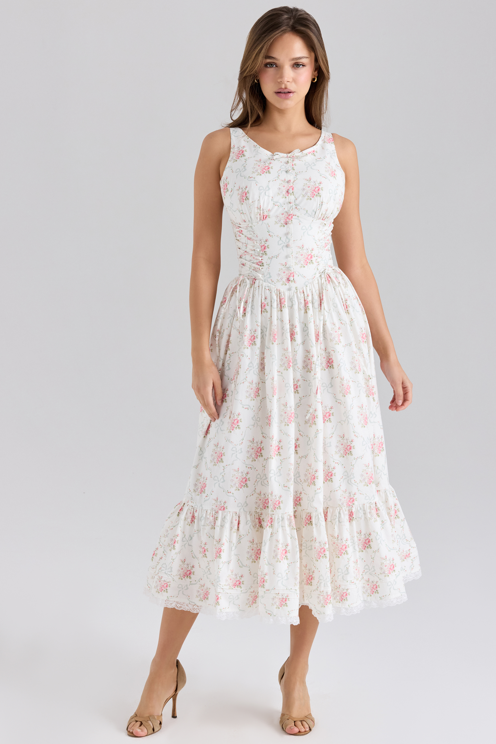 Sienna Rose Print Stretch Cotton Lace Up Midi Dress