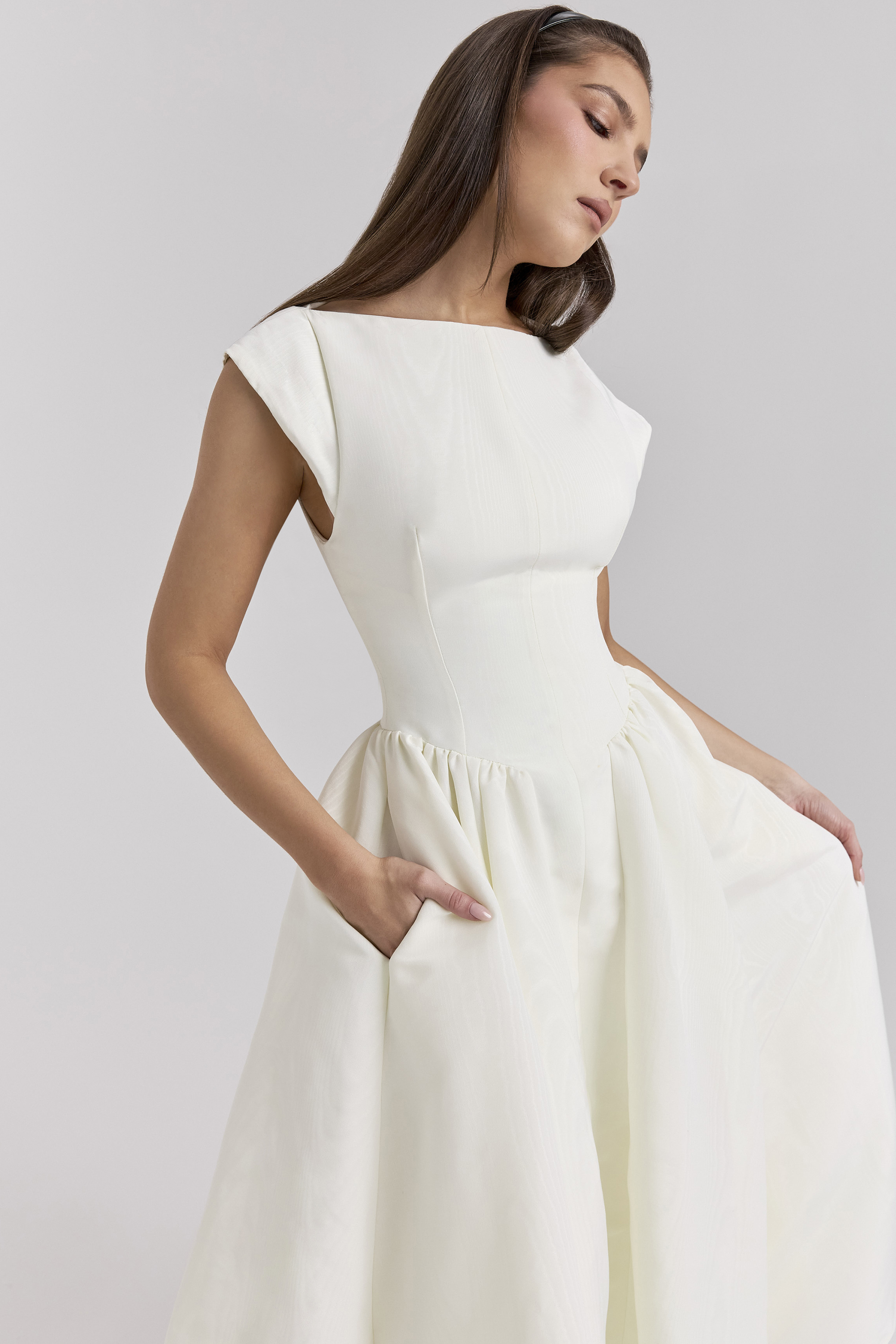 Debutante Ivory Moire Satin Midi Dress